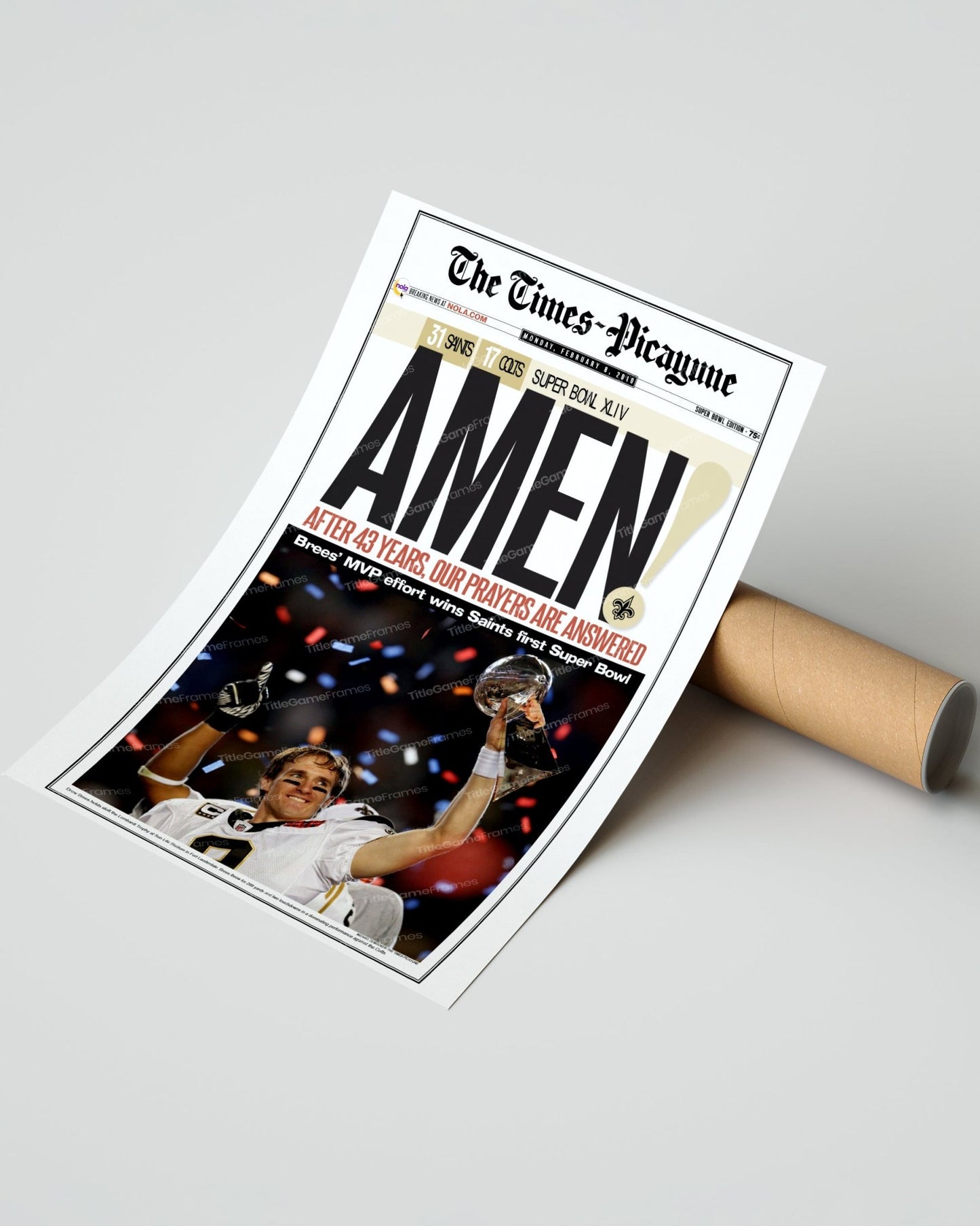 2010 New Orleans Saints Super Bowl XLIV Drew Brees Framed High Quality Newspaper Print Drew Brees - TitleGameFrames.com