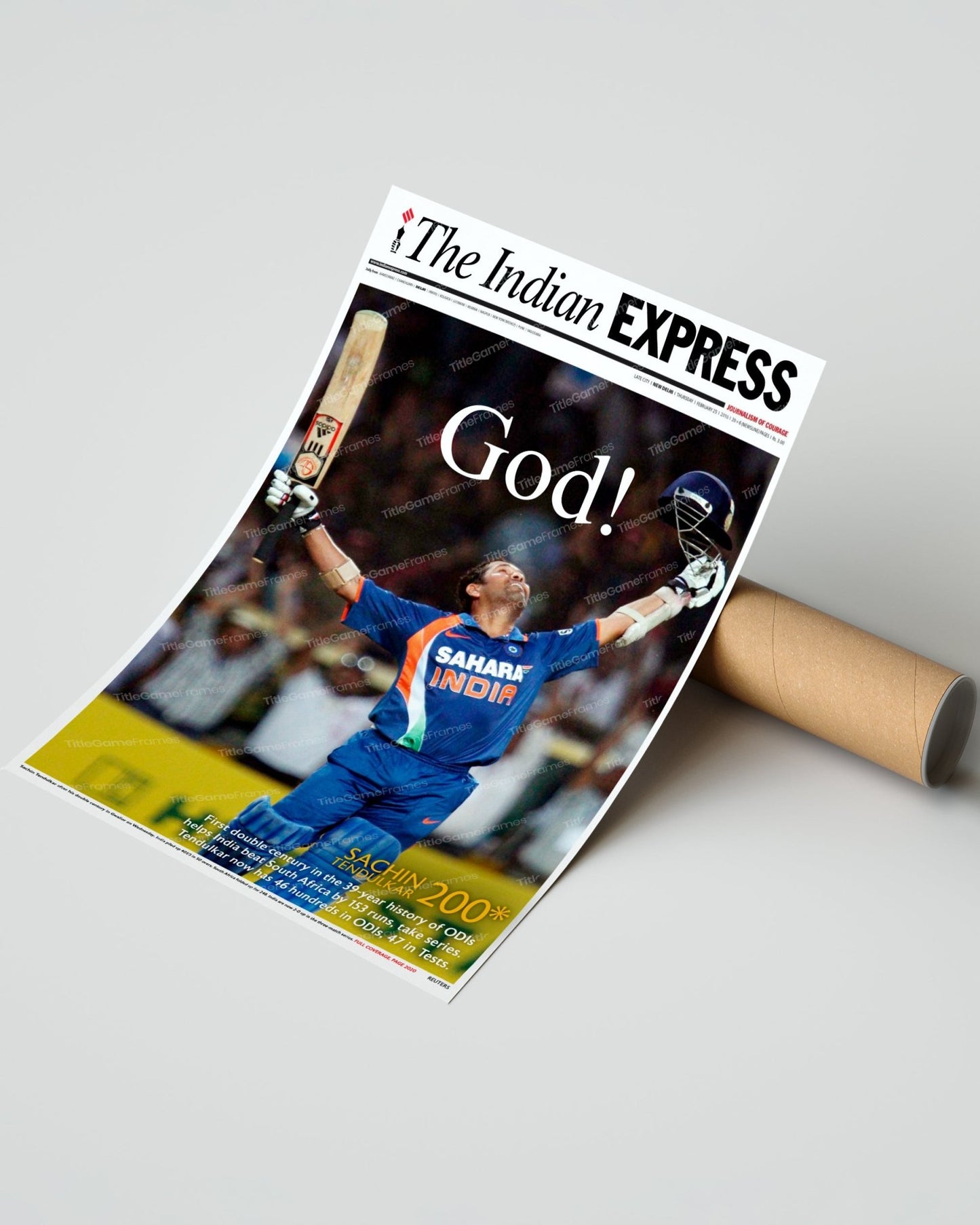 2010 Sachin's Historic 200 "God Of Cricket" - Framed Commemorative Newspaper - TitleGameFrames.com