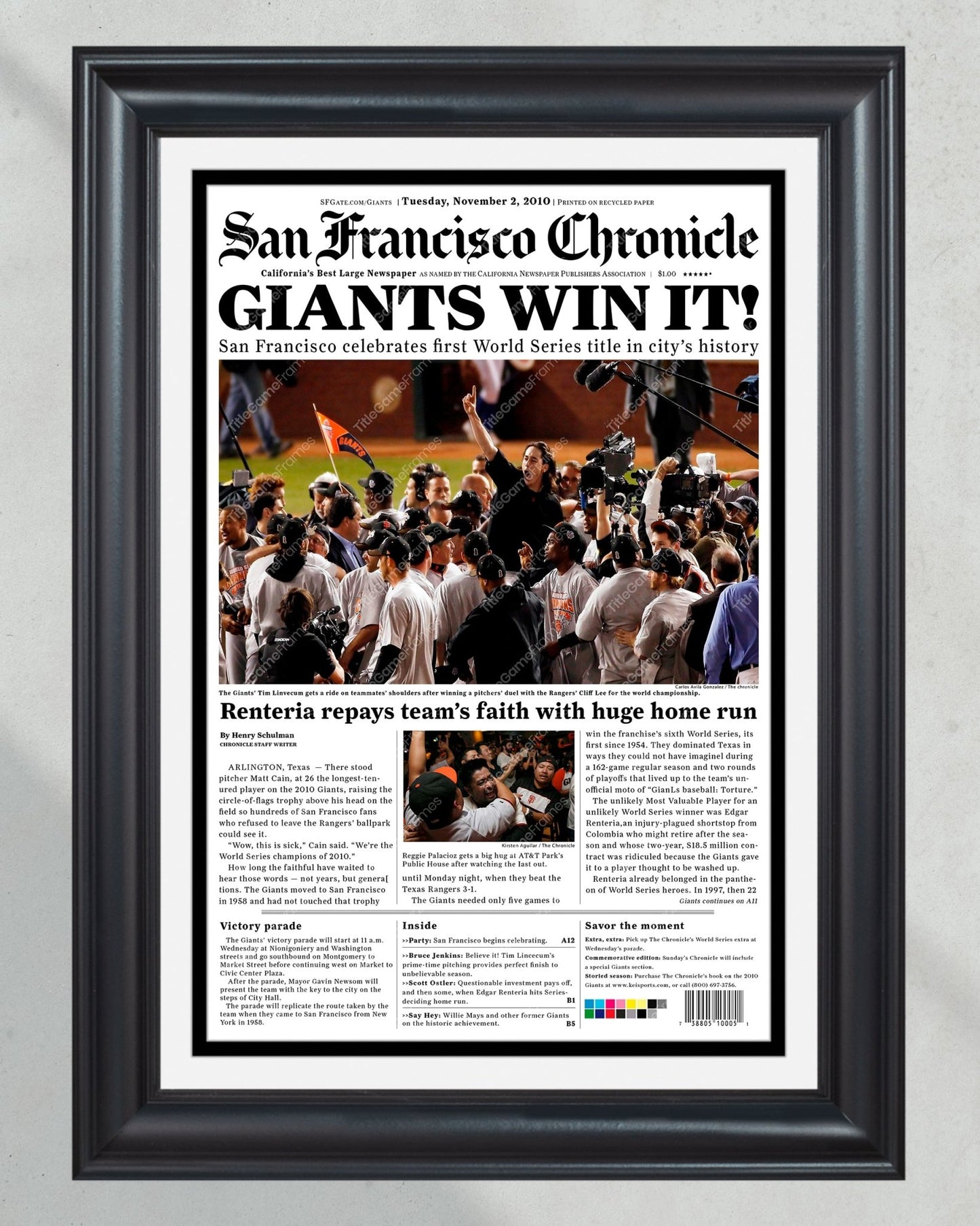 2010 San Francisco Giants Tim Lincecum World Series Framed Newspaper Front Page Print - TitleGameFrames.com
