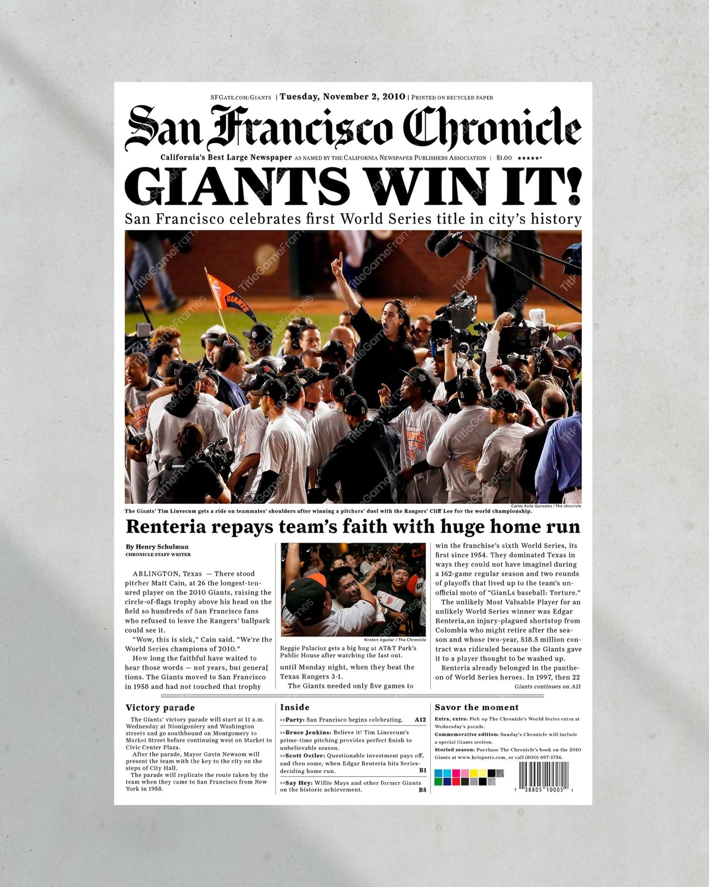 2010 San Francisco Giants Tim Lincecum World Series Framed Newspaper Front Page Print - TitleGameFrames.com