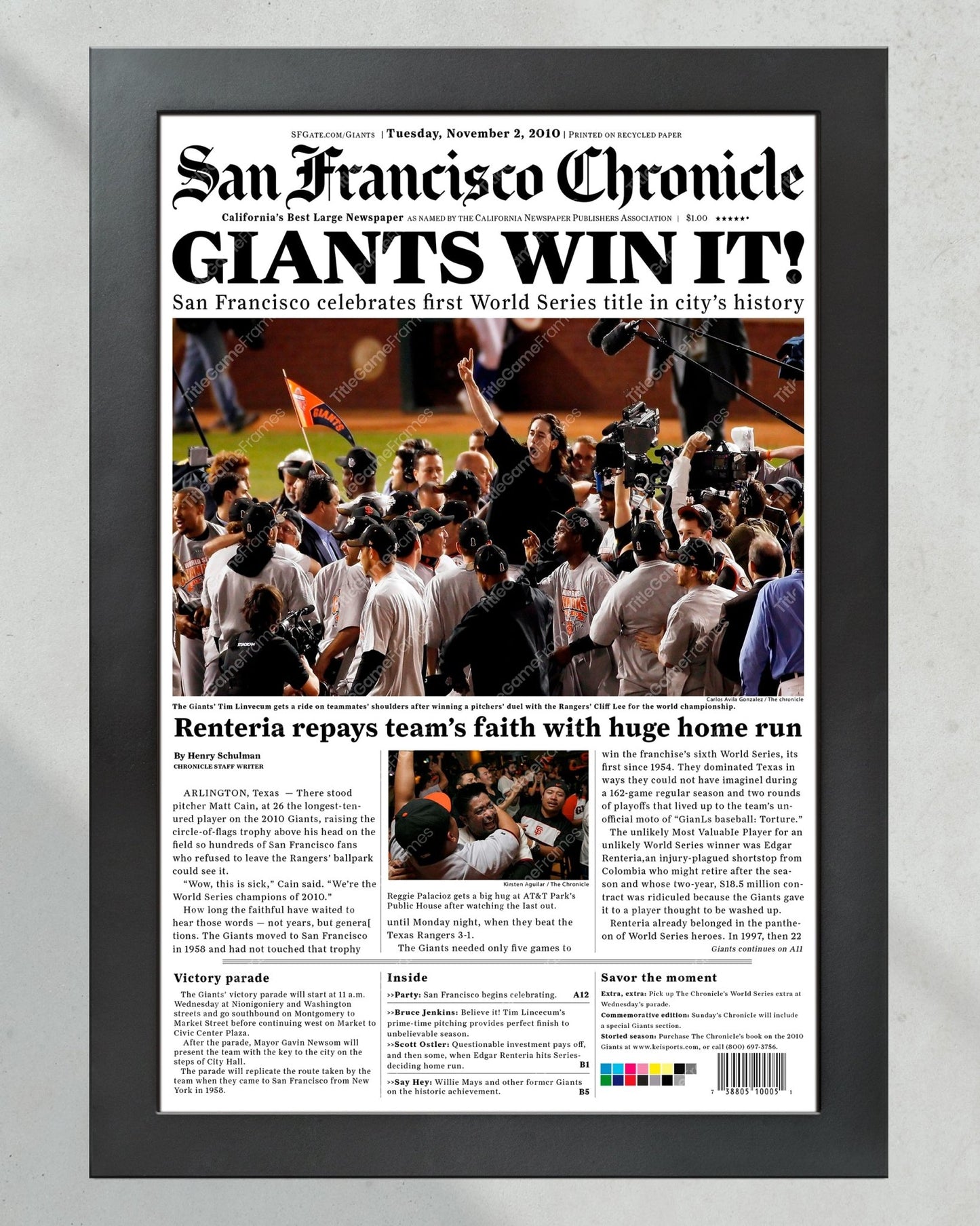 2010 San Francisco Giants Tim Lincecum World Series Framed Newspaper Front Page Print - TitleGameFrames.com