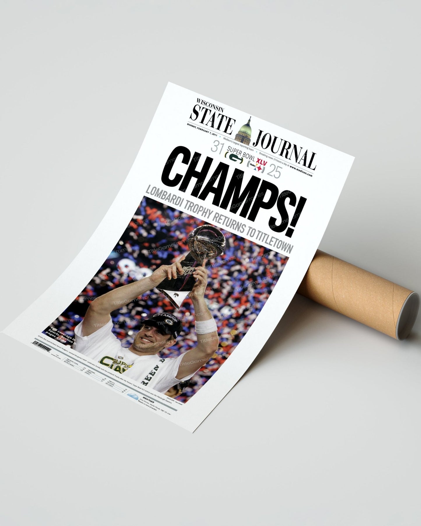 2011 Aaron Rogers Green Bay Packers Super Bowl Champions Framed Front Page Newspaper Print - TitleGameFrames.com