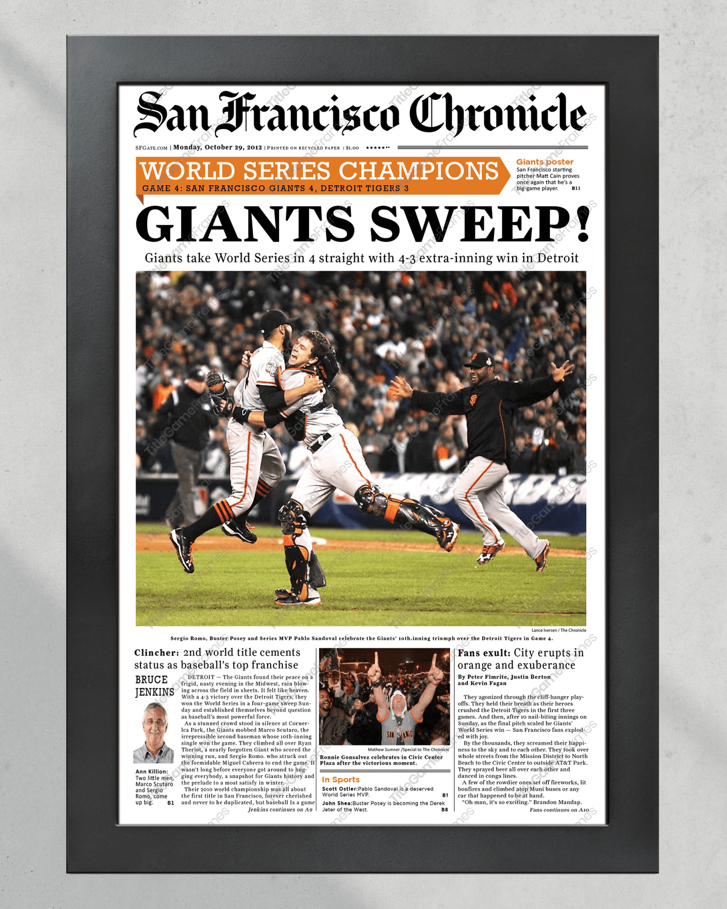 2012 San Francisco Giants World Series Framed Front Page Newspaper Print Candlestick Park Oracle Park - TitleGameFrames.com