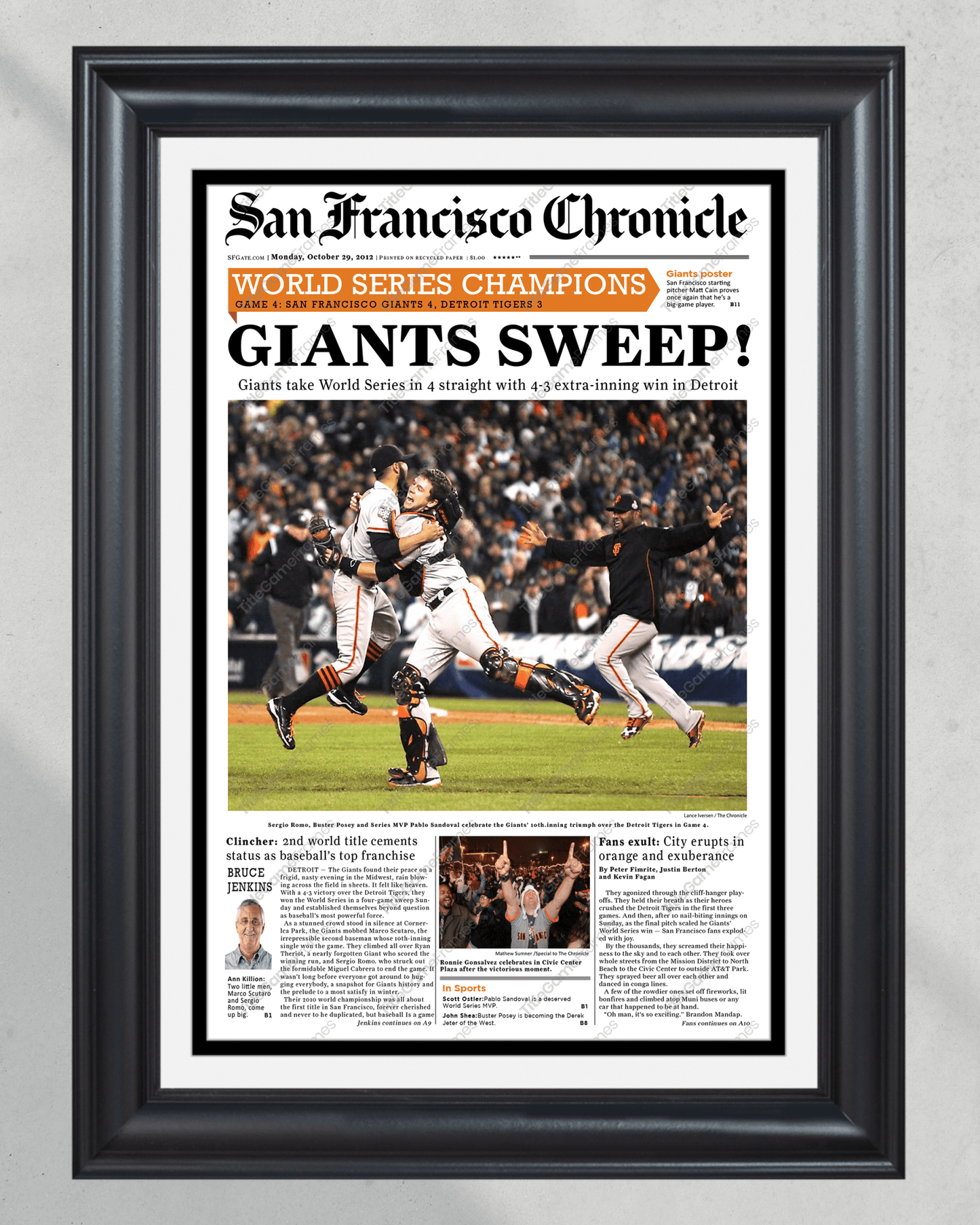 2012 San Francisco Giants World Series Framed Front Page Newspaper Print Candlestick Park Oracle Park - TitleGameFrames.com