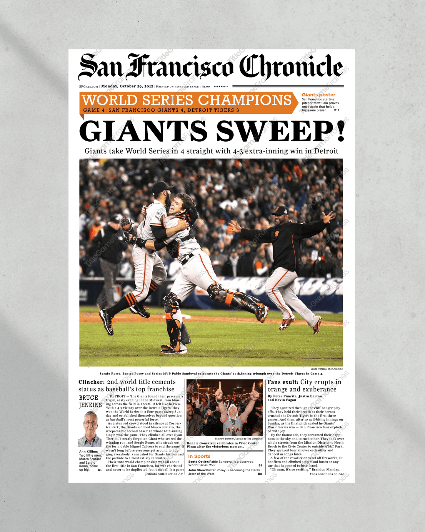 2012 San Francisco Giants World Series Framed Front Page Newspaper Print Candlestick Park Oracle Park - TitleGameFrames.com