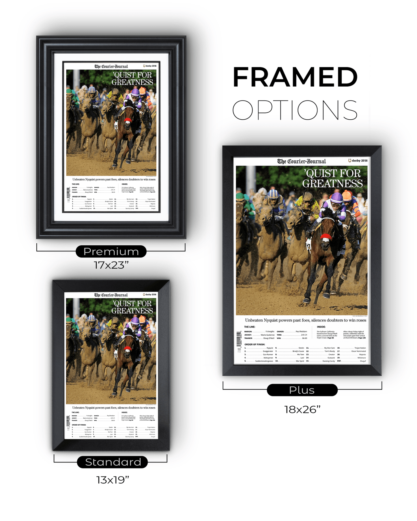 2016 Kentucky Derby “QUIST FOR GREATNESS” Nyquist Winner Framed Front Page Newspaper - TitleGameFrames.com