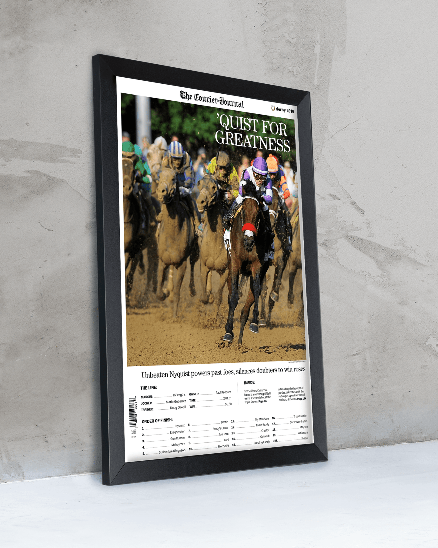 2016 Kentucky Derby “QUIST FOR GREATNESS” Nyquist Winner Framed Front Page Newspaper - TitleGameFrames.com