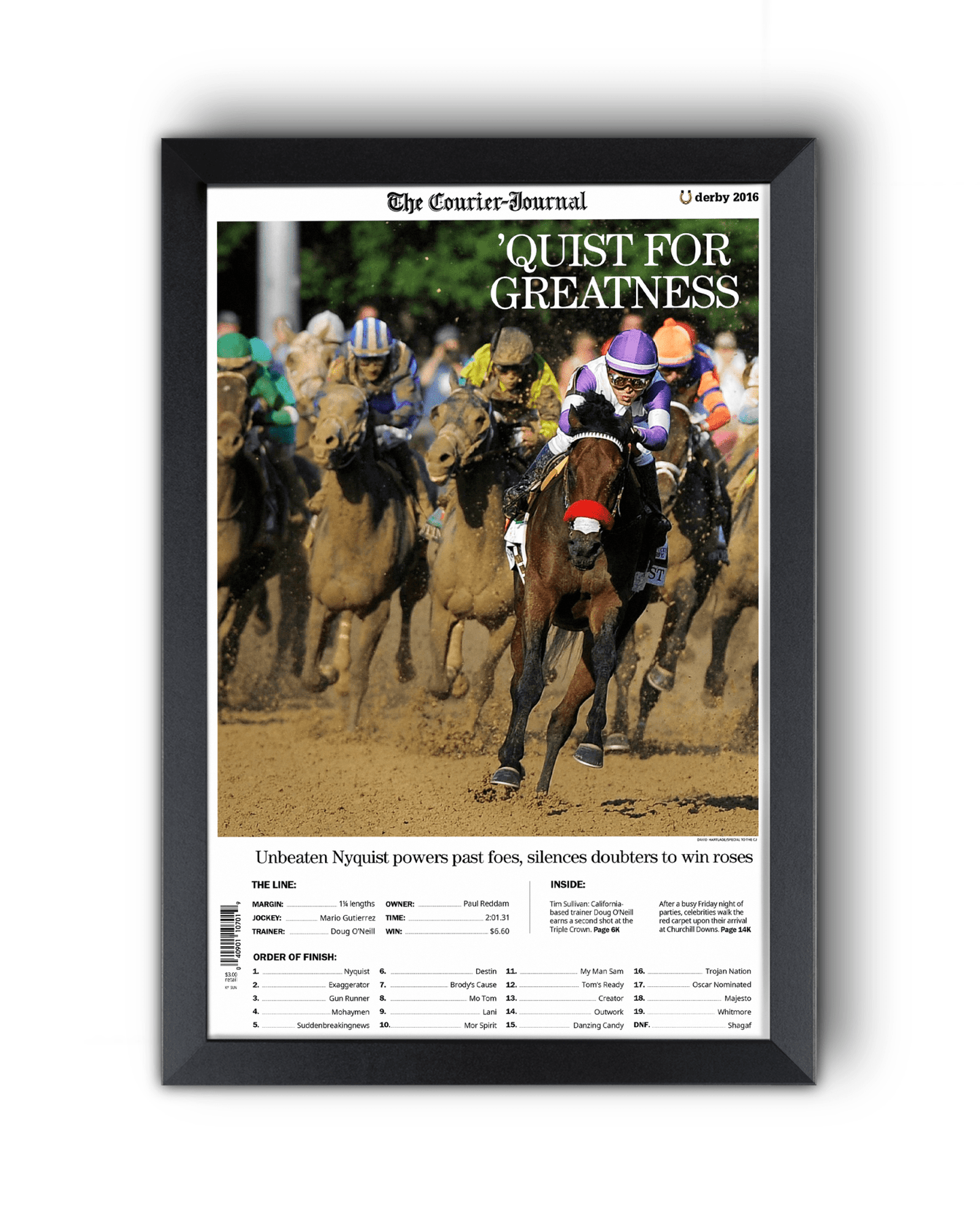2016 Kentucky Derby “QUIST FOR GREATNESS” Nyquist Winner Framed Front Page Newspaper - TitleGameFrames.com