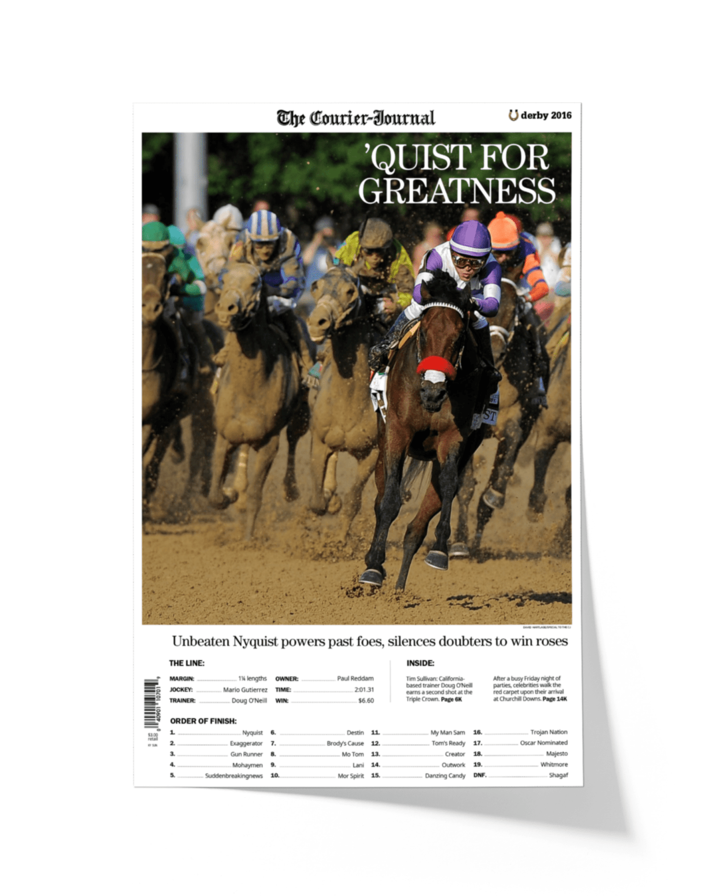 2016 Kentucky Derby “QUIST FOR GREATNESS” Nyquist Winner Framed Front Page Newspaper - TitleGameFrames.com