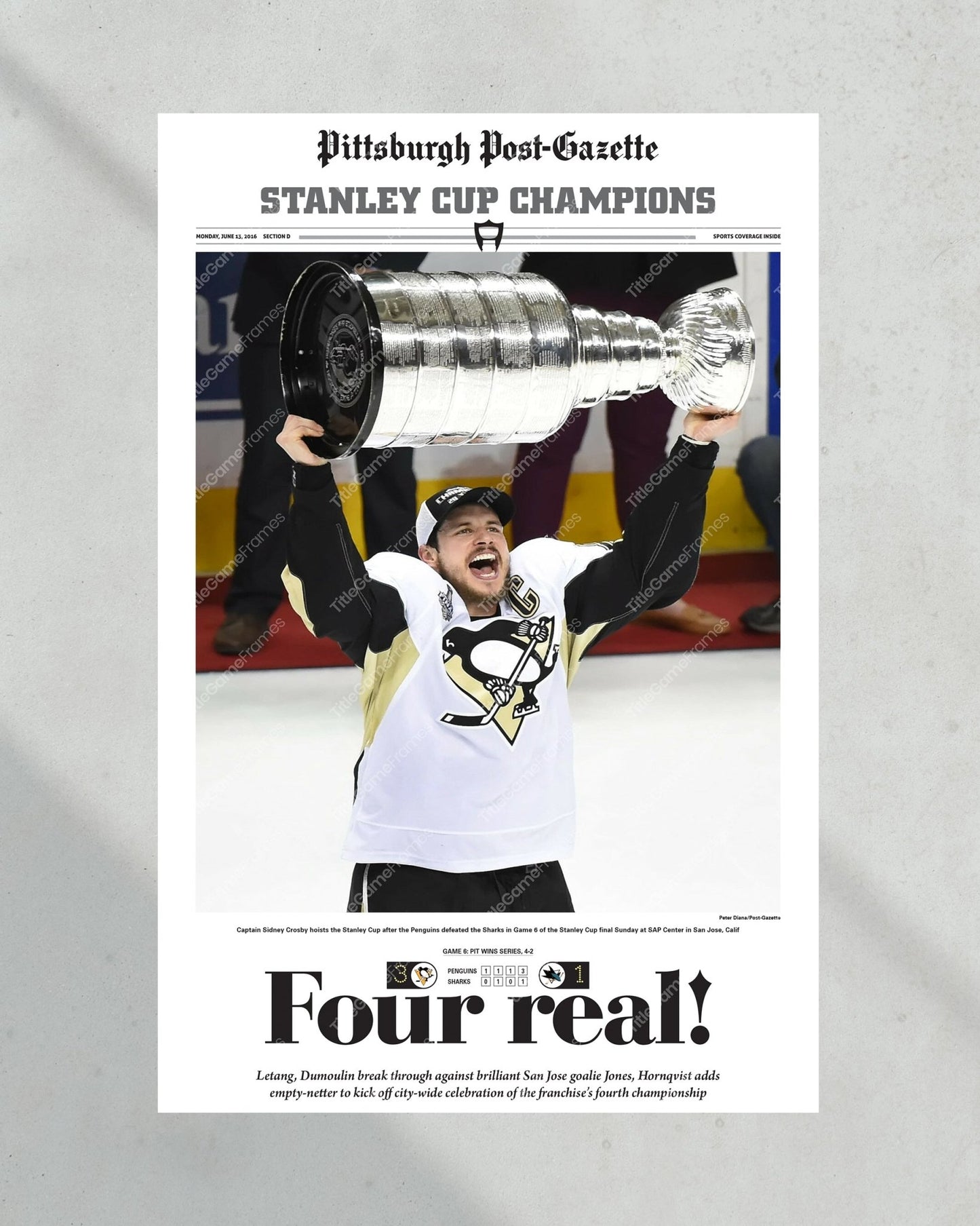 2016 Pittsburgh Penguins Stanley Cup Champions Framed Newspaper Cover Print Sidney Crosby - TitleGameFrames.com