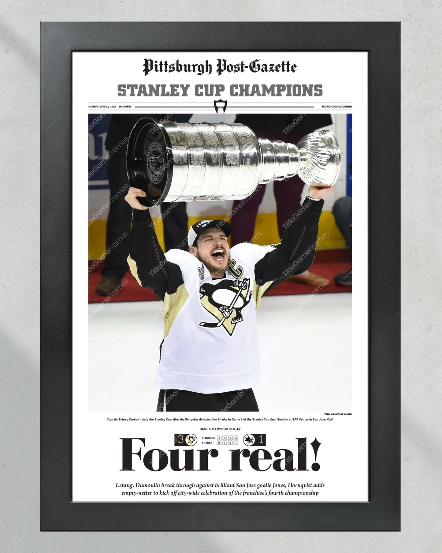 2016 Pittsburgh Penguins Stanley Cup Champions Framed Newspaper Cover Print Sidney Crosby - TitleGameFrames.com