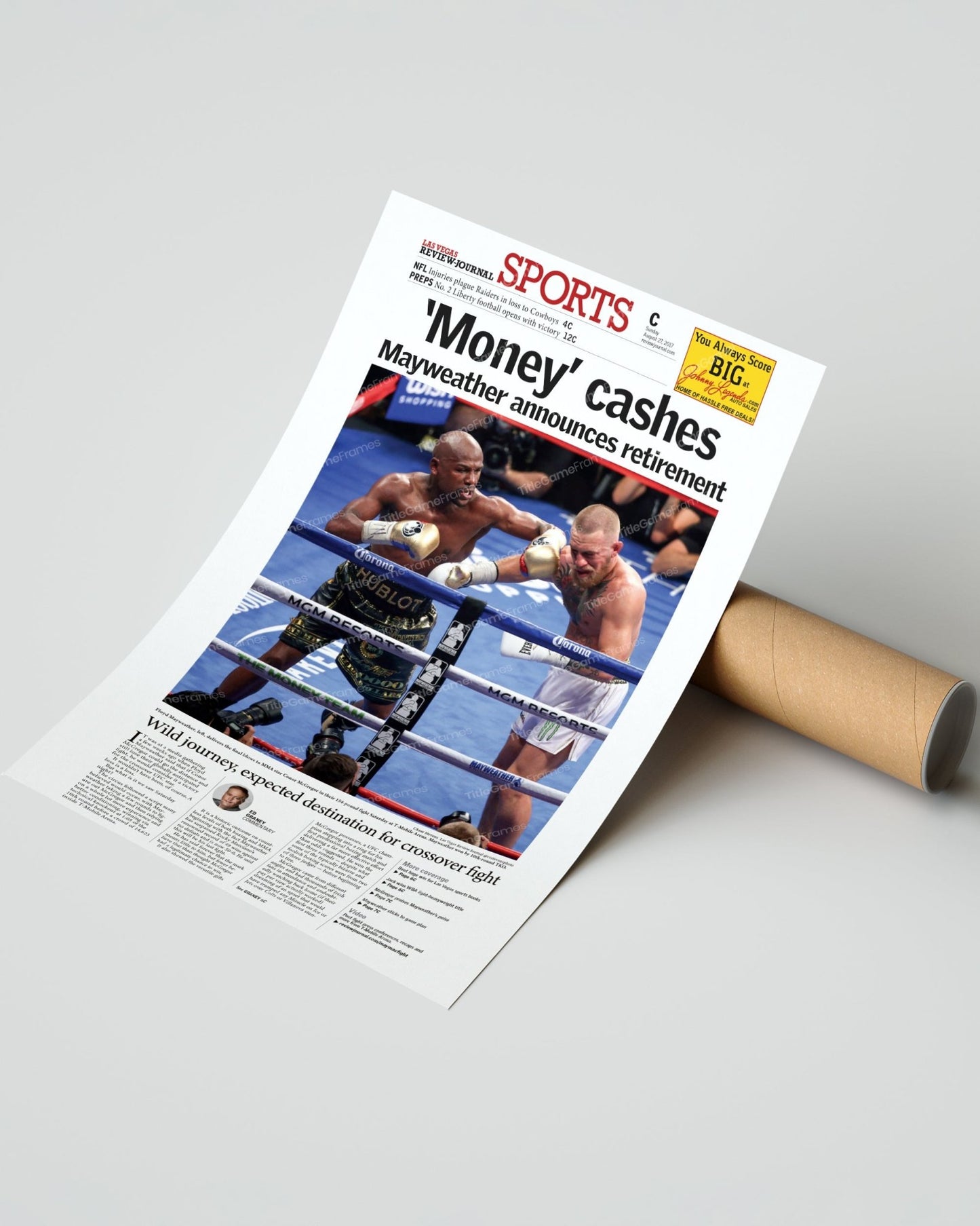 2017 Floyd Mayweather Defeats Conor Mcgregor Framed Front Page Newspaper Print - TitleGameFrames.com