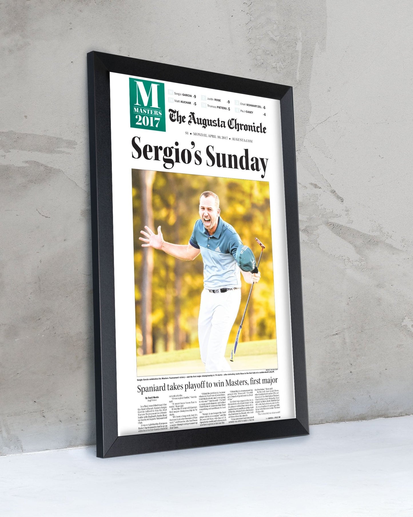 2017 Sergio Garcia Masters Champion 'Sergio's Sunday' Framed Newspaper - TitleGameFrames.com