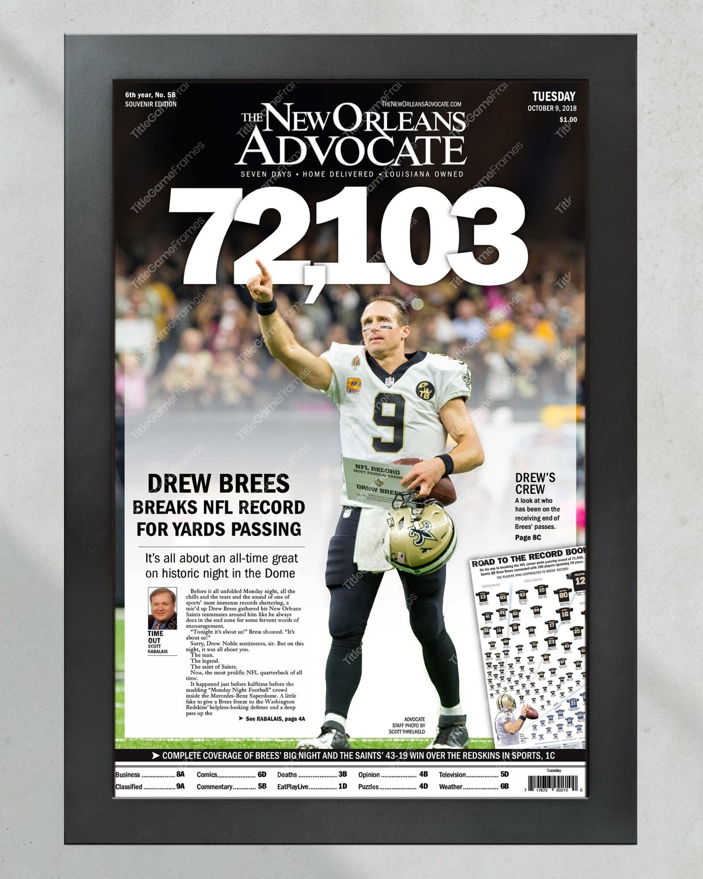 2018 Drew Brees New Orleans Saints Record Breaking Framed Front Page Newspaper Print - TitleGameFrames.com