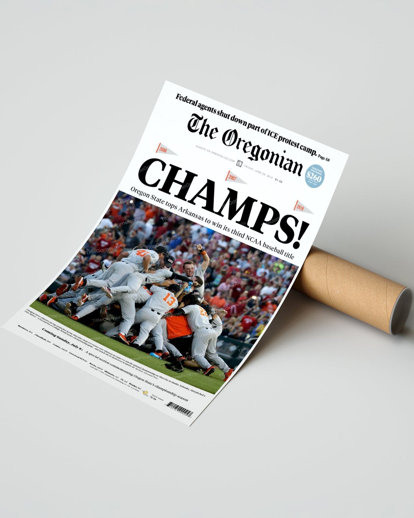 2018 Oregon State Beavers College Baseball World Series 'CHAMPS!' Framed Front Page Newspaper Print - TitleGameFrames.com