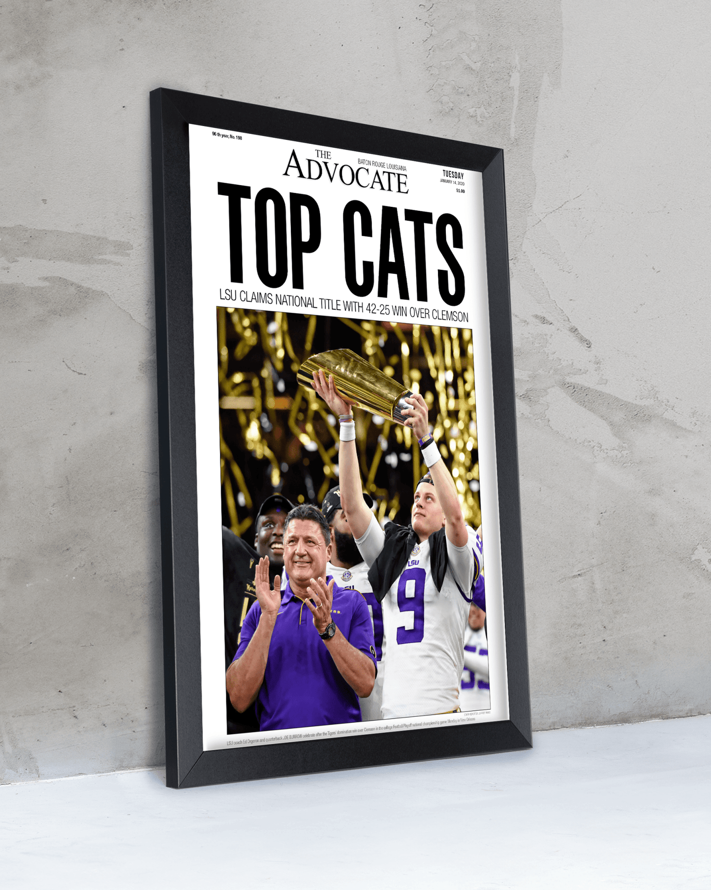 2019 LSU Tigers National Champions "Top Cats" Framed Front Page Newspaper Print - TitleGameFrames.com
