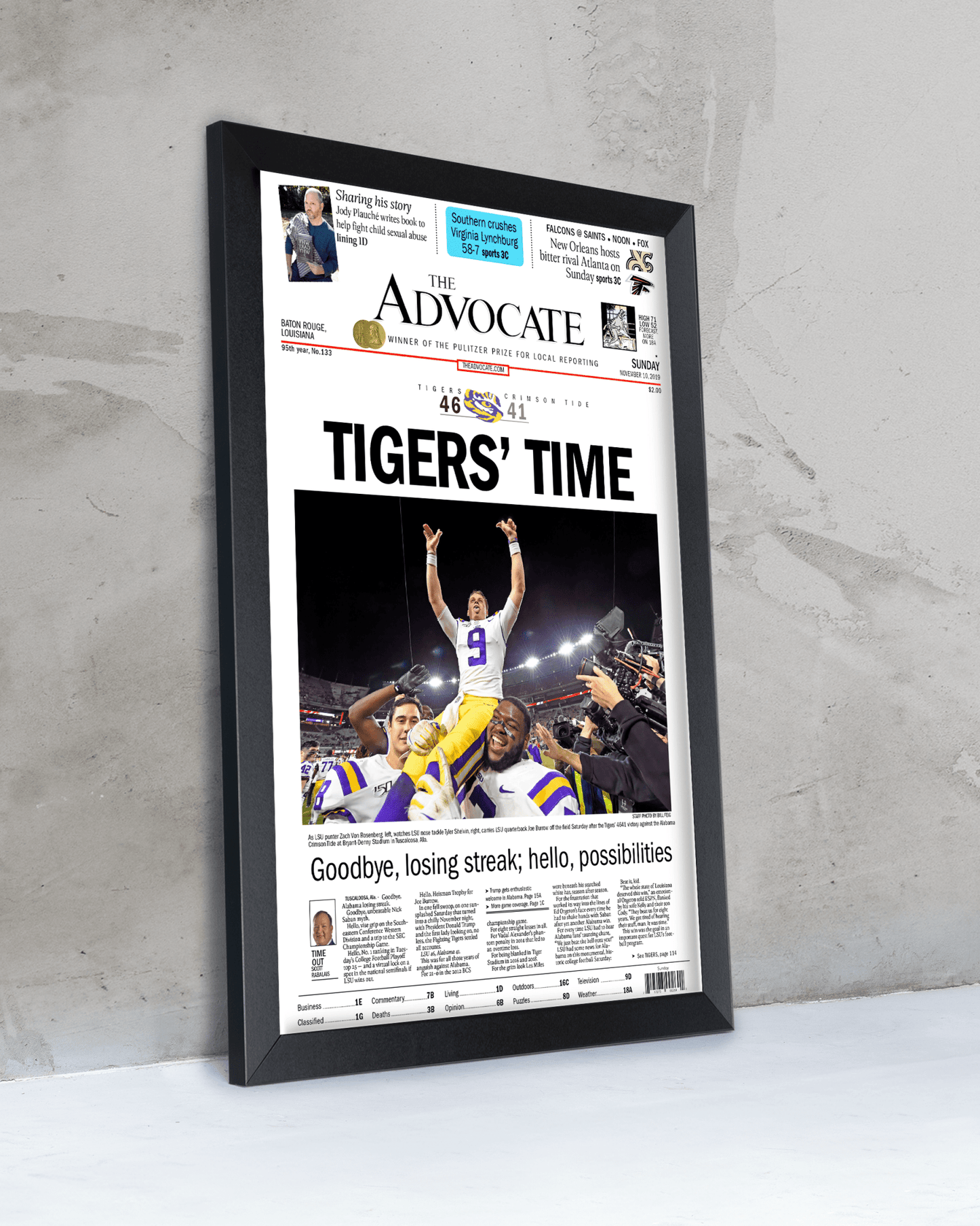 2019 LSU Tigers “Tigers’ Time” NCAA College Football National Champions Framed Front Page Newspaper Print - TitleGameFrames.com