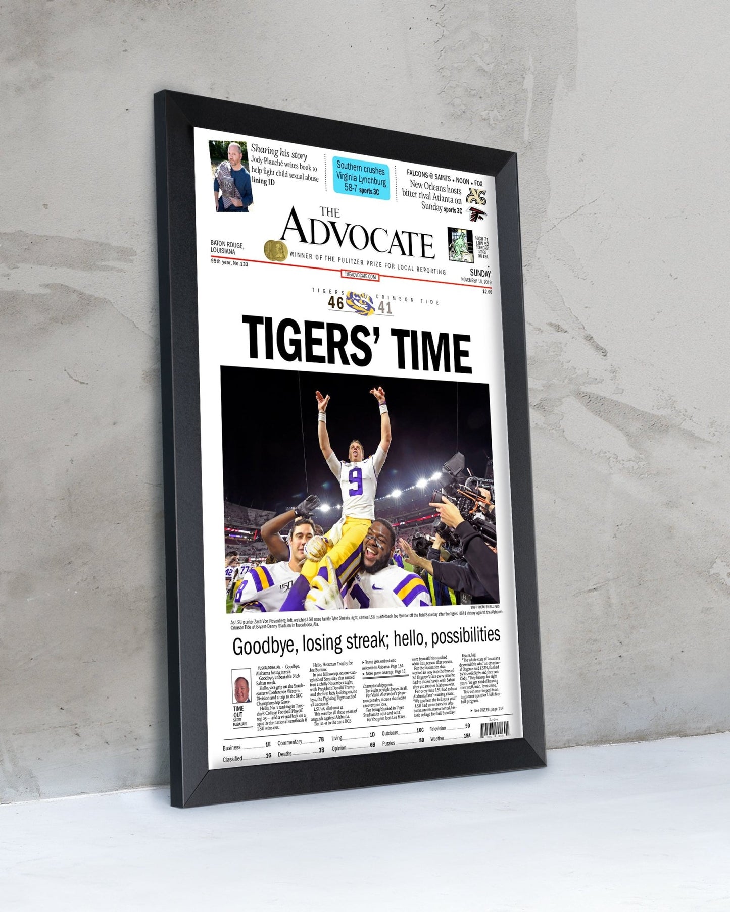 2019 LSU Tigers “Tigers’ Time” NCAA College Football National Champions Framed Front Page Newspaper Print - TitleGameFrames.com