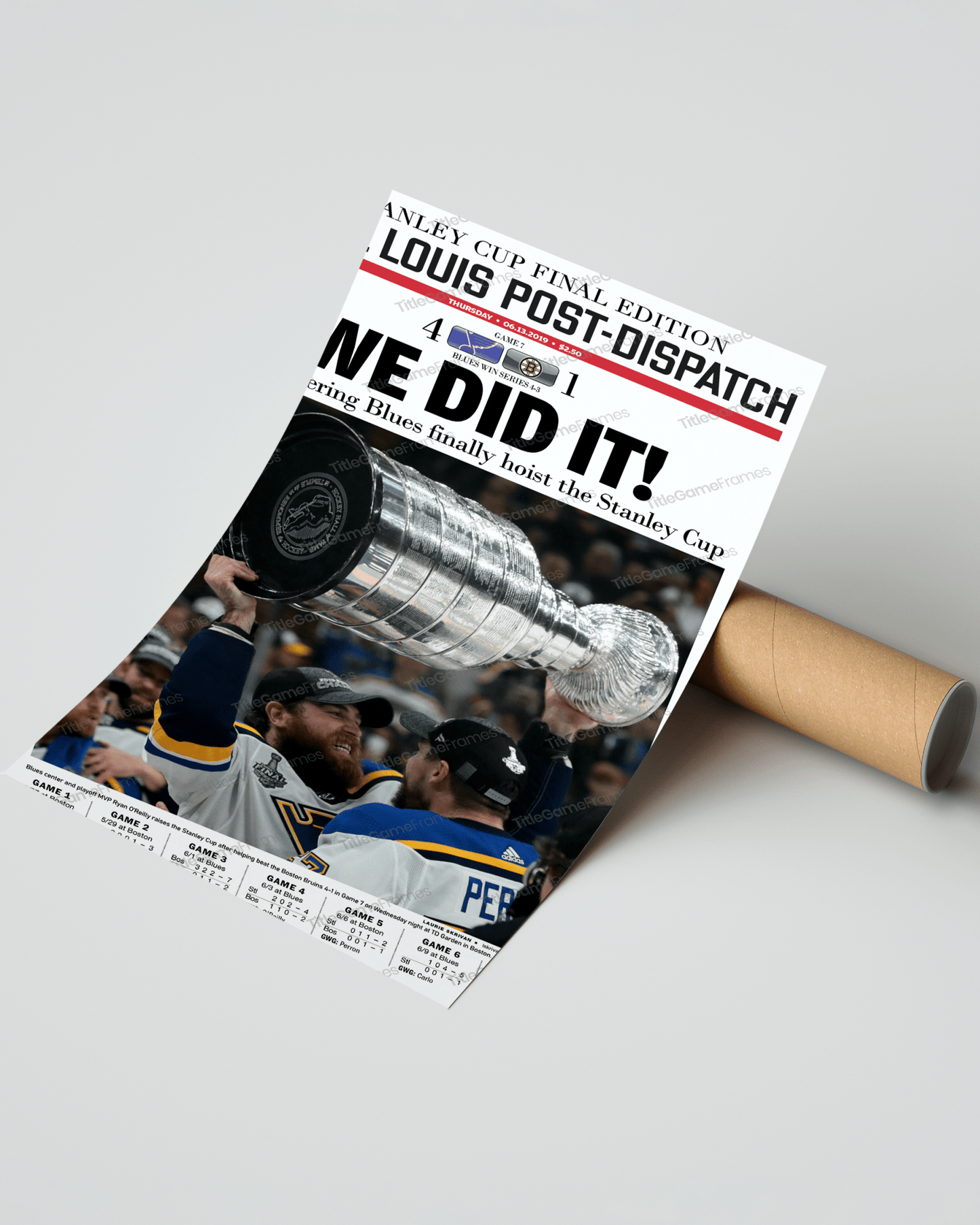 2019 St. Louis Blues Stanley Cup Championship Newspaper Framed Print Enterprise Center - TitleGameFrames.com
