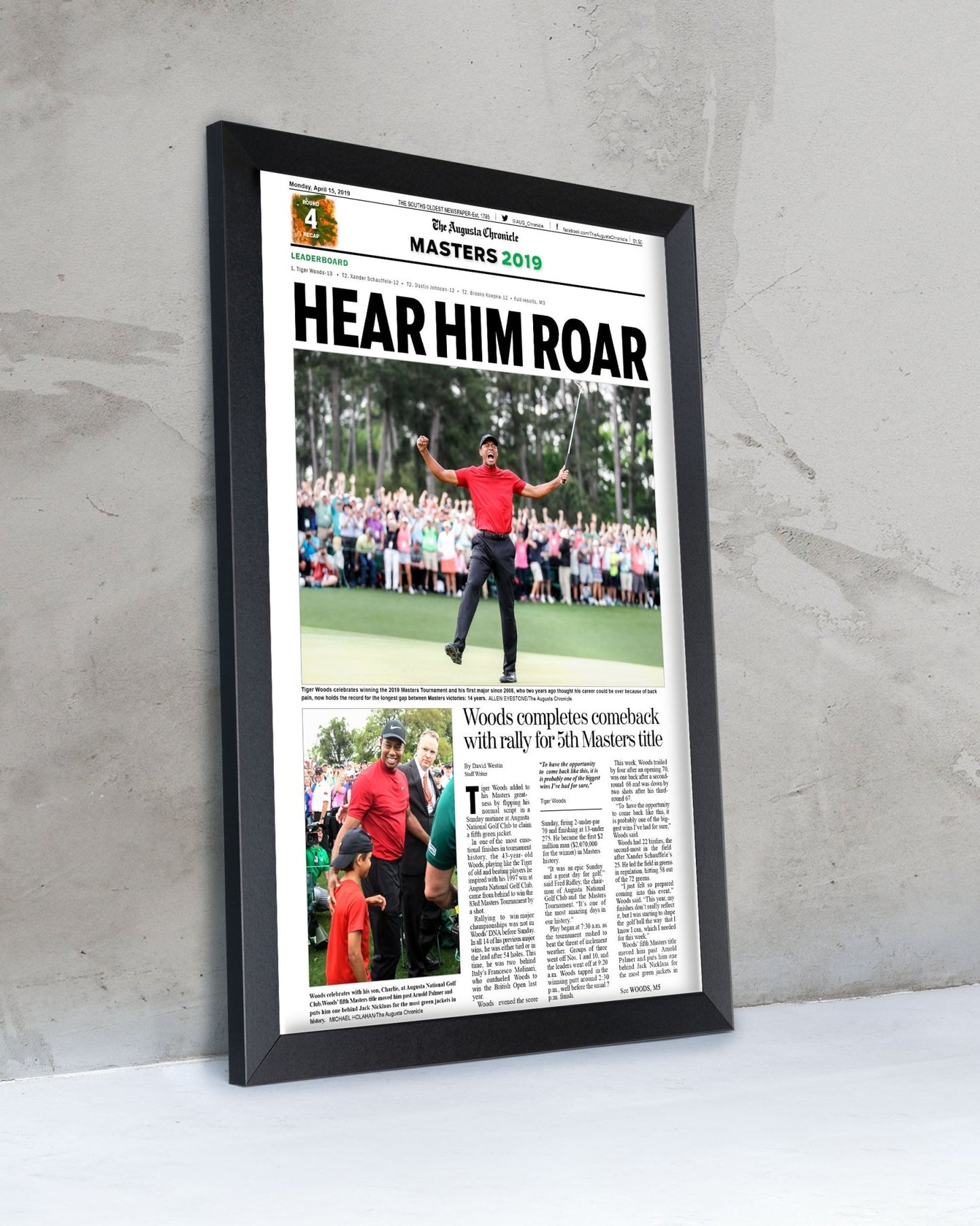 2019 Tiger Woods Masters Champion 'Hear Him Roar' Front Page Newspaper - TitleGameFrames.com