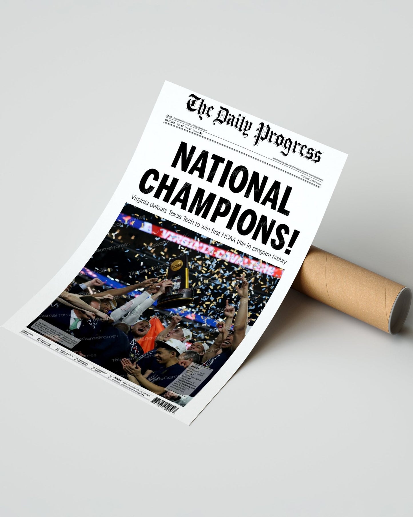 2019 Virginia Cavaliers NCAA College Basketball Champions Framed Front Page Newspaper Print - TitleGameFrames.com