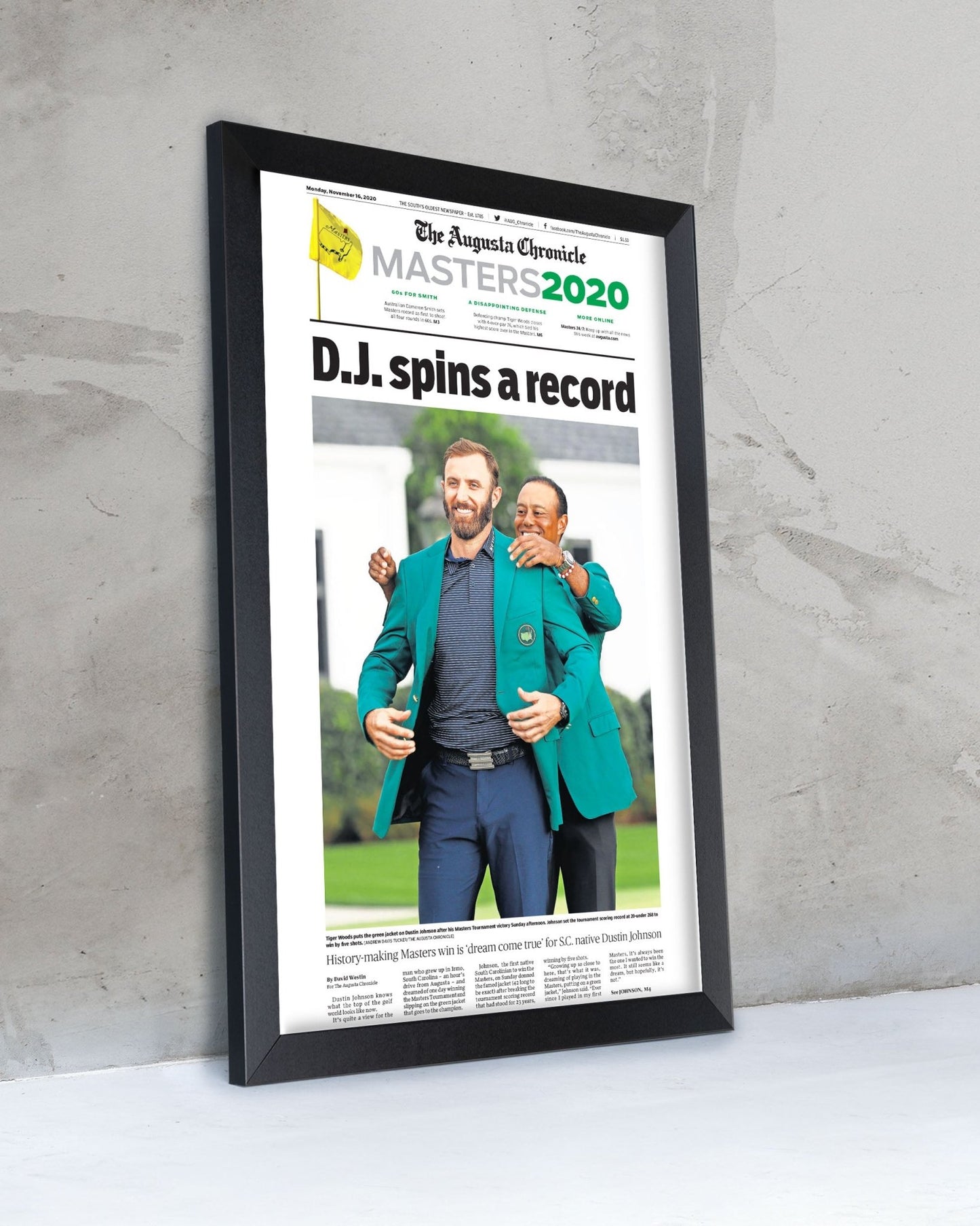 2020 Dustin Johnson Masters Champion 'D.J. spins a record' Framed Newspaper - TitleGameFrames.com
