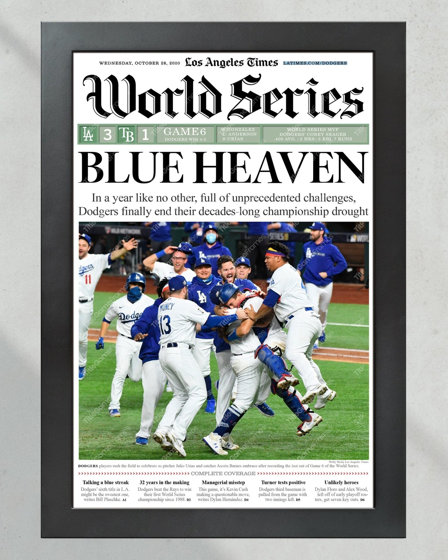 2020 L.A. Dodgers World Series Champions Framed Newspaper Cover Print - TitleGameFrames.com