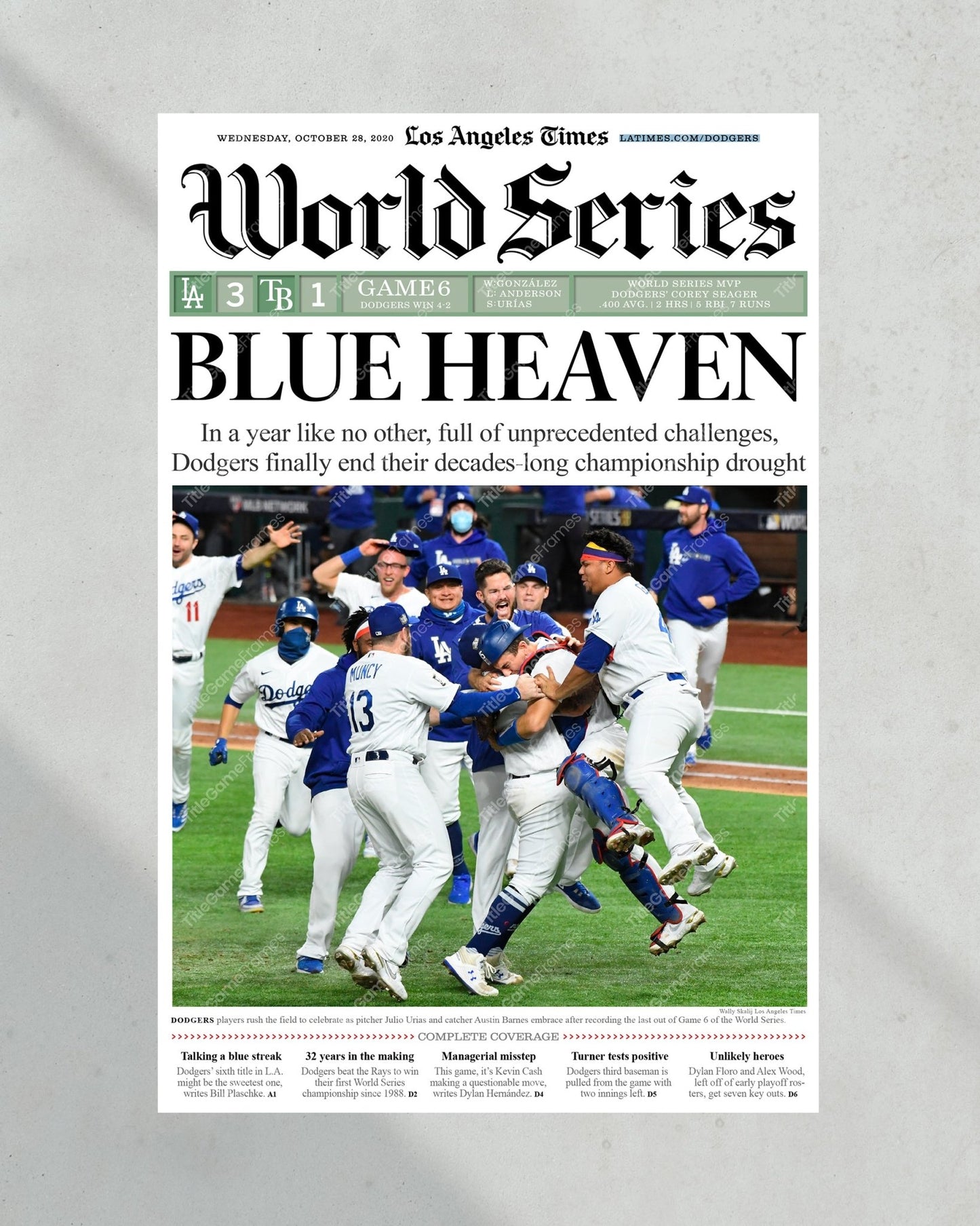 2020 L.A. Dodgers World Series Champions Framed Newspaper Cover Print - TitleGameFrames.com