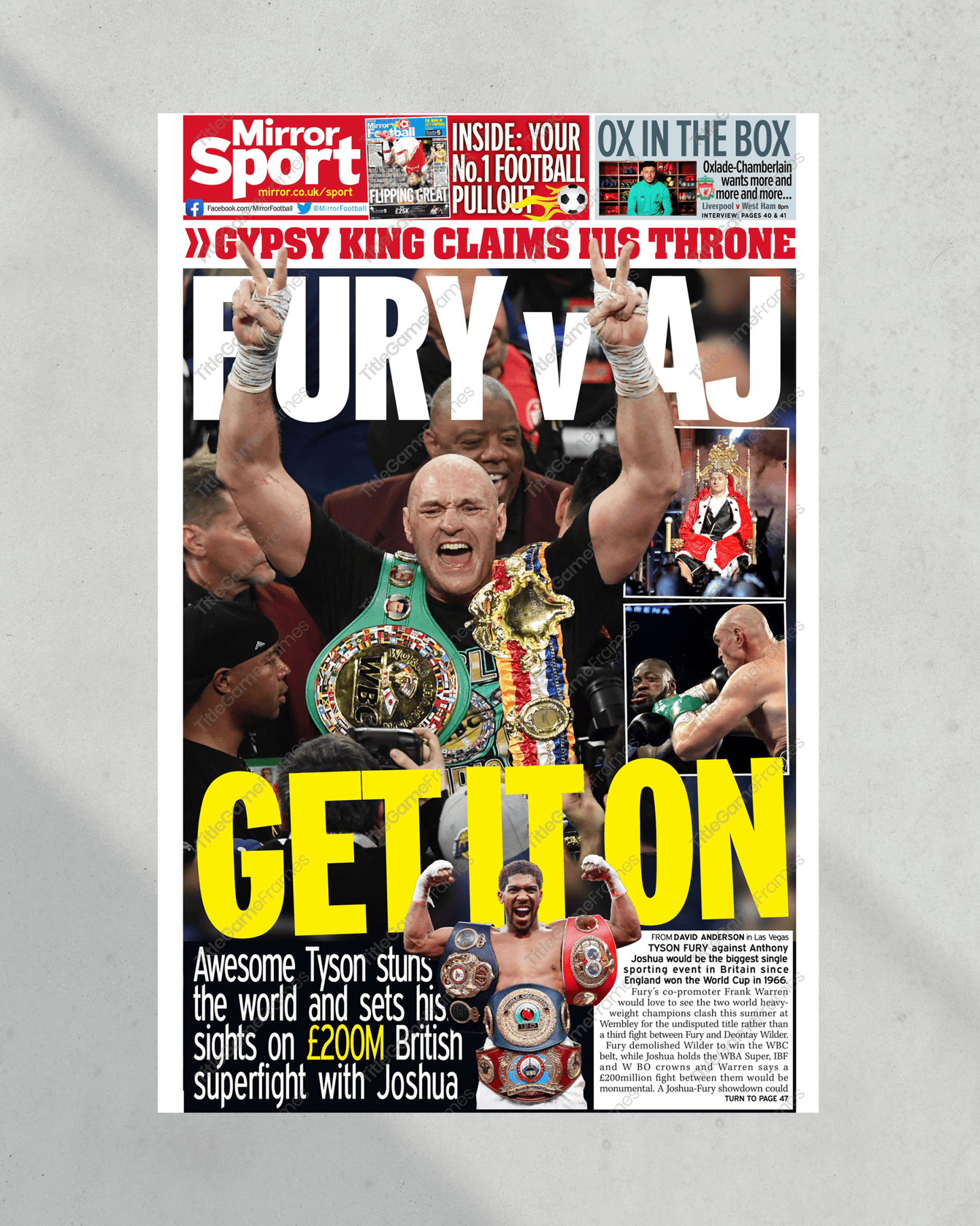 2020 Tyson Fury vs. Deontay Wilder Heavyweight Boxing Framed Front Page Newspaper Print - TitleGameFrames.com