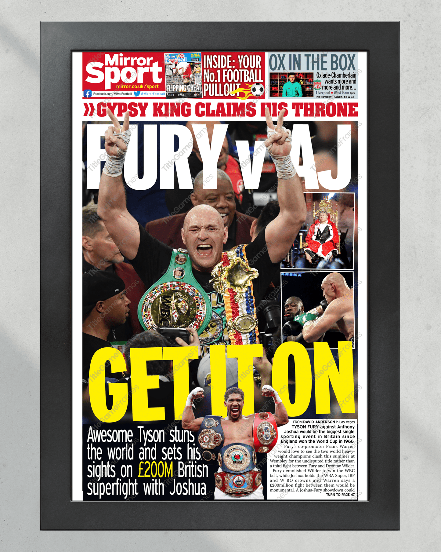 2020 Tyson Fury vs. Deontay Wilder Heavyweight Boxing Framed Front Page Newspaper Print - TitleGameFrames.com