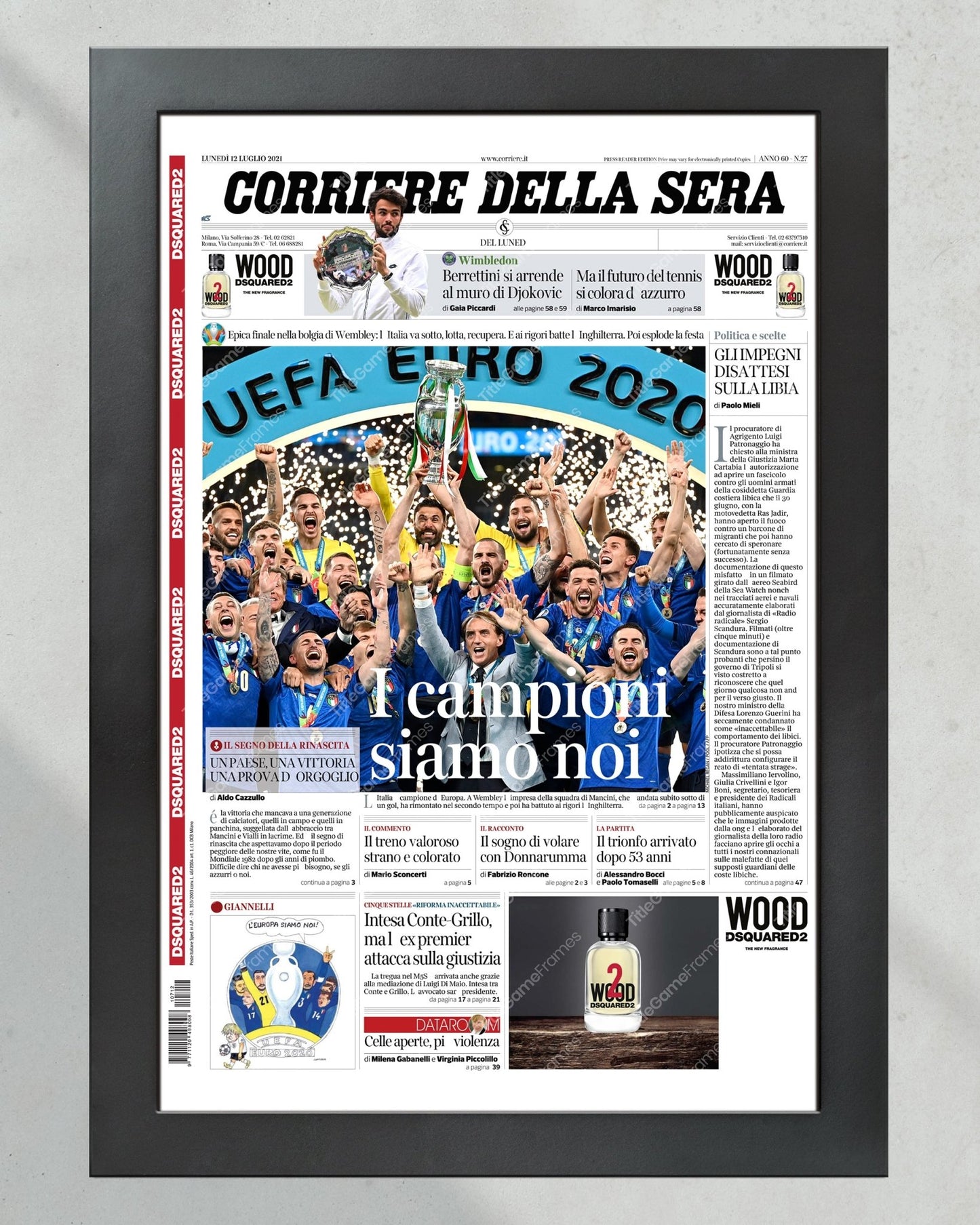 2020 UEFA Italy Football Championship Framed Front Page Newspaper Print - TitleGameFrames.com