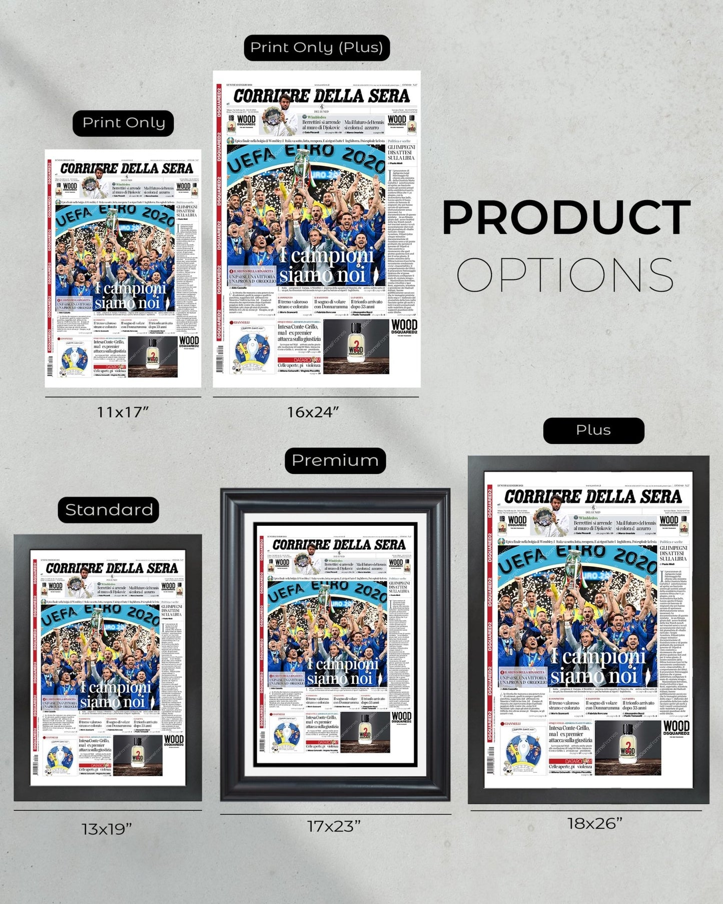 2020 UEFA Italy Football Championship Framed Front Page Newspaper Print - TitleGameFrames.com