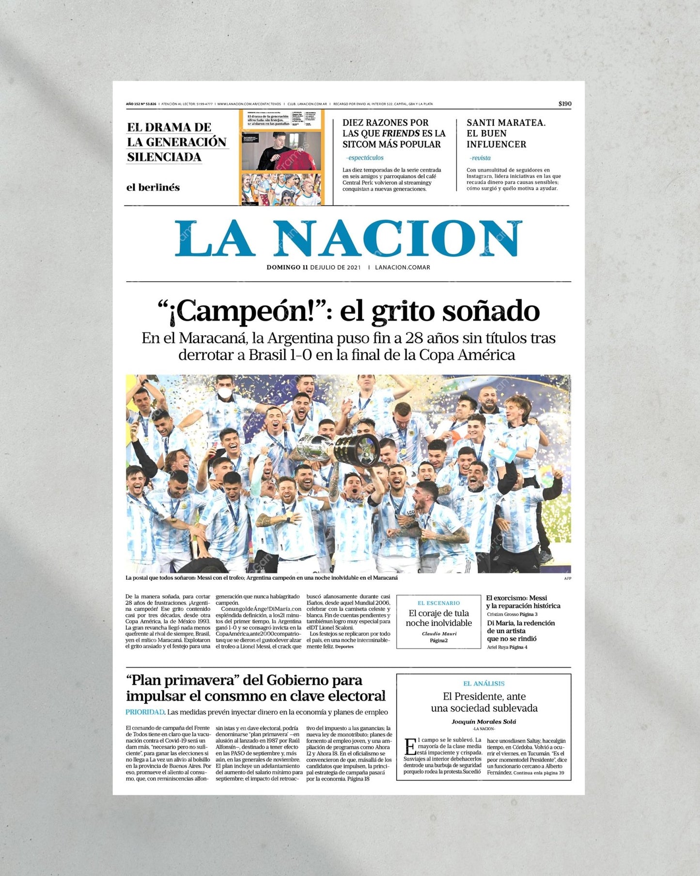 2021 Argentina Copa America Champions Framed Front Page Newspaper Print Messi - TitleGameFrames.com
