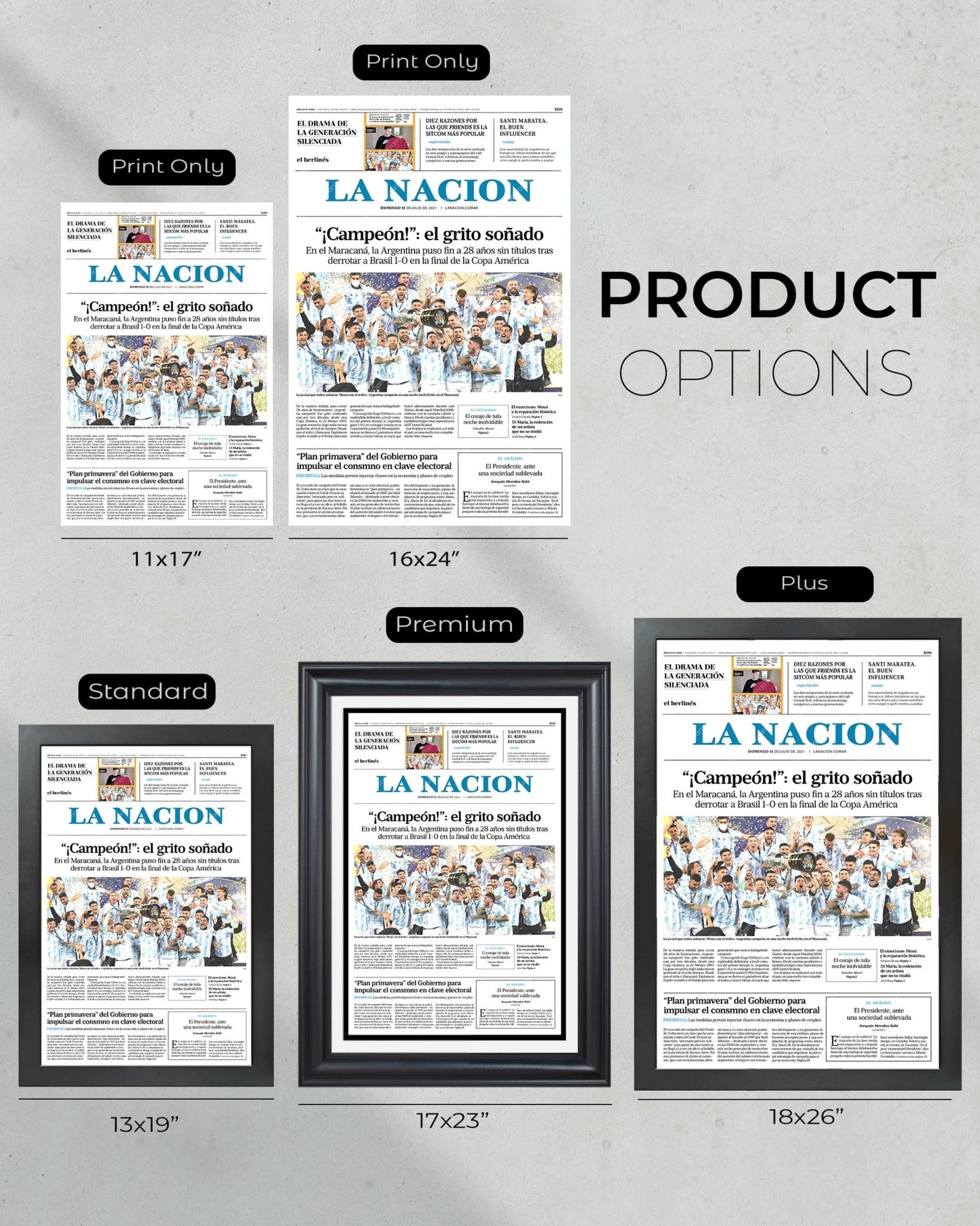2021 Argentina Copa America Champions Framed Front Page Newspaper Print Messi - TitleGameFrames.com