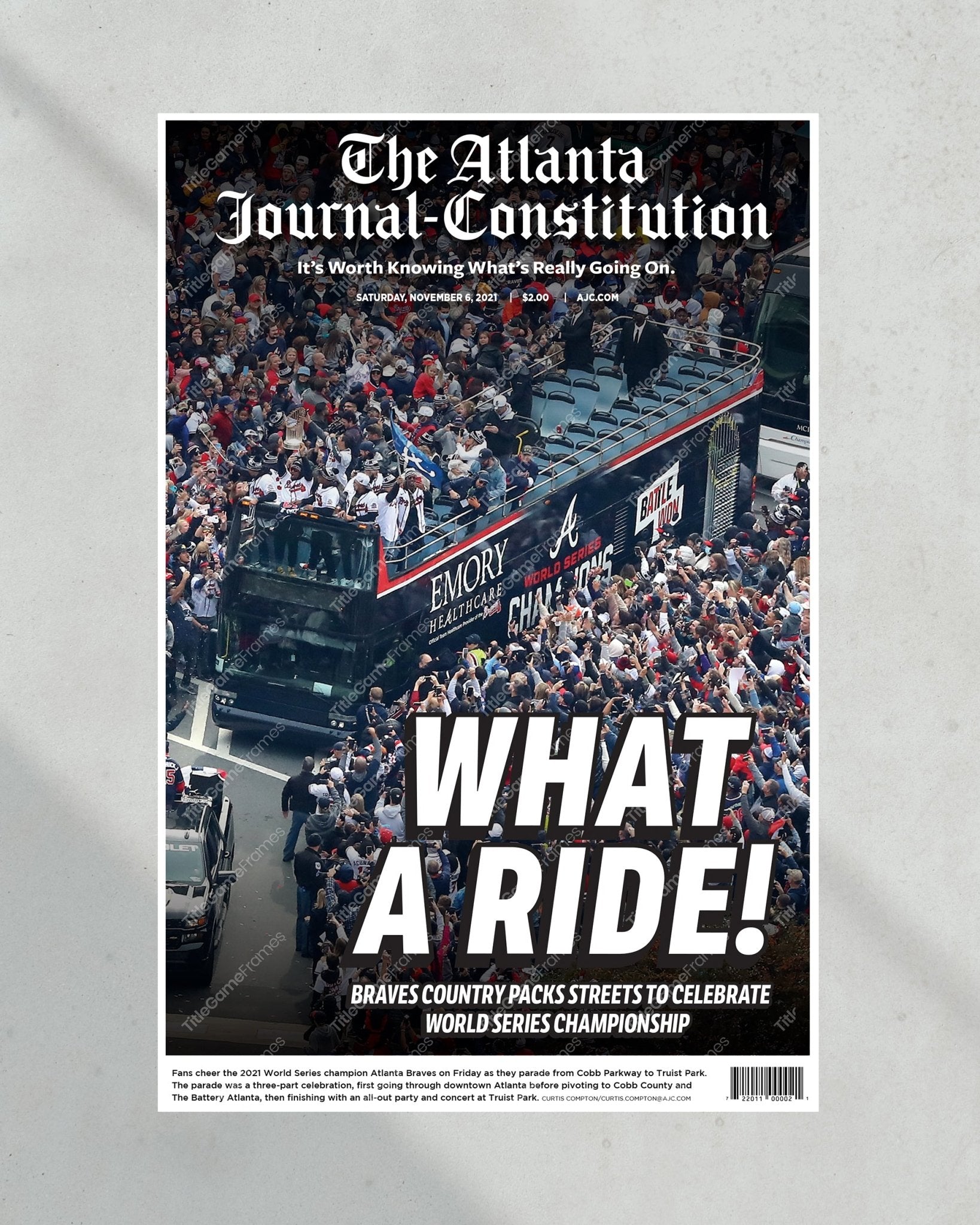 2021 Atlanta Braves Parade World Series Champions Framed Front Page Newspaper Print - TitleGameFrames.com