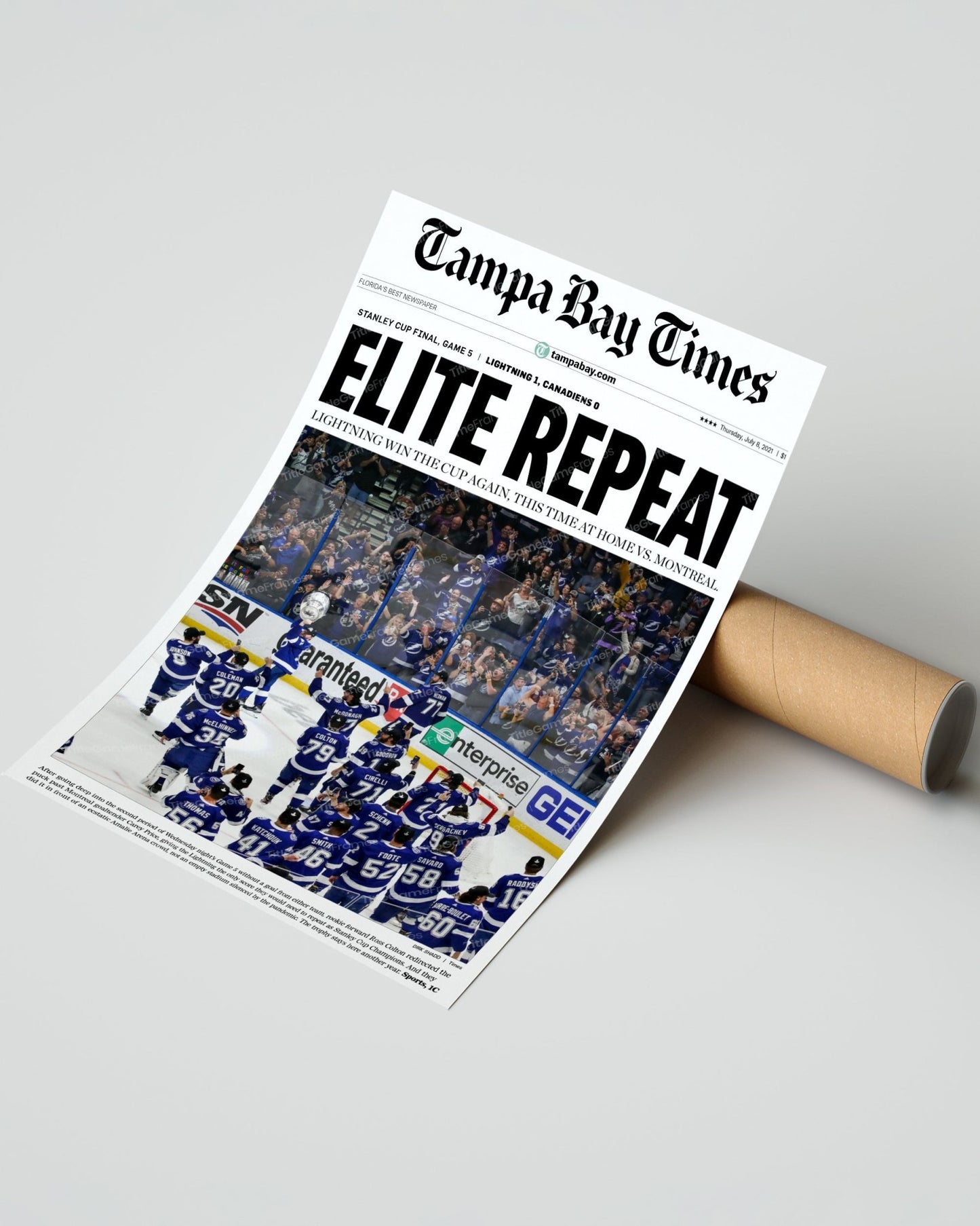 2021 “Elite Repeat” Tampa Bay Lightning Stanley Cup Champions Framed Newspaper Front Page Print - TitleGameFrames.com