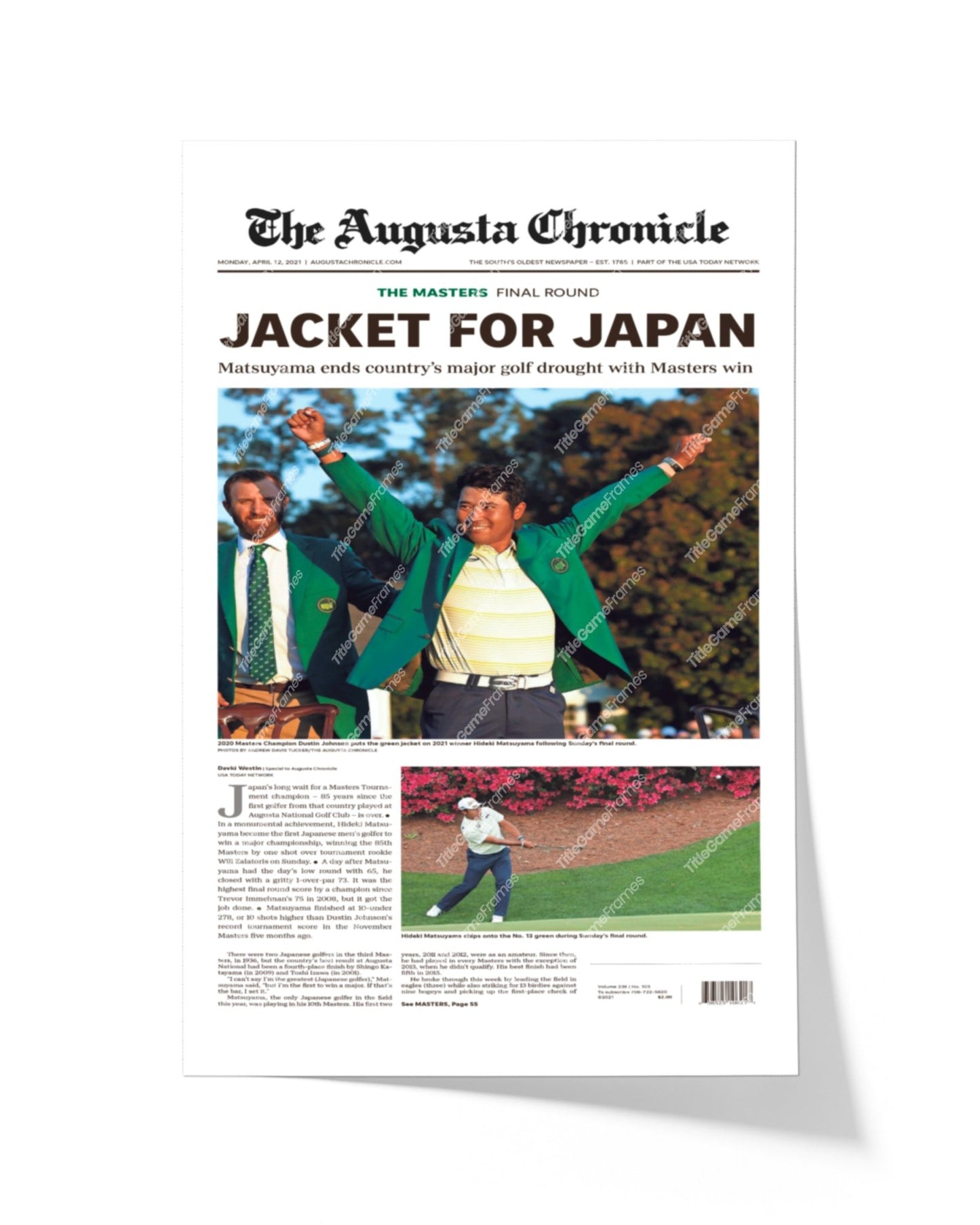 2021 Masters PGA Championship Framed Front Page Newspaper Print Hideki Matsuyama Japan - TitleGameFrames.com