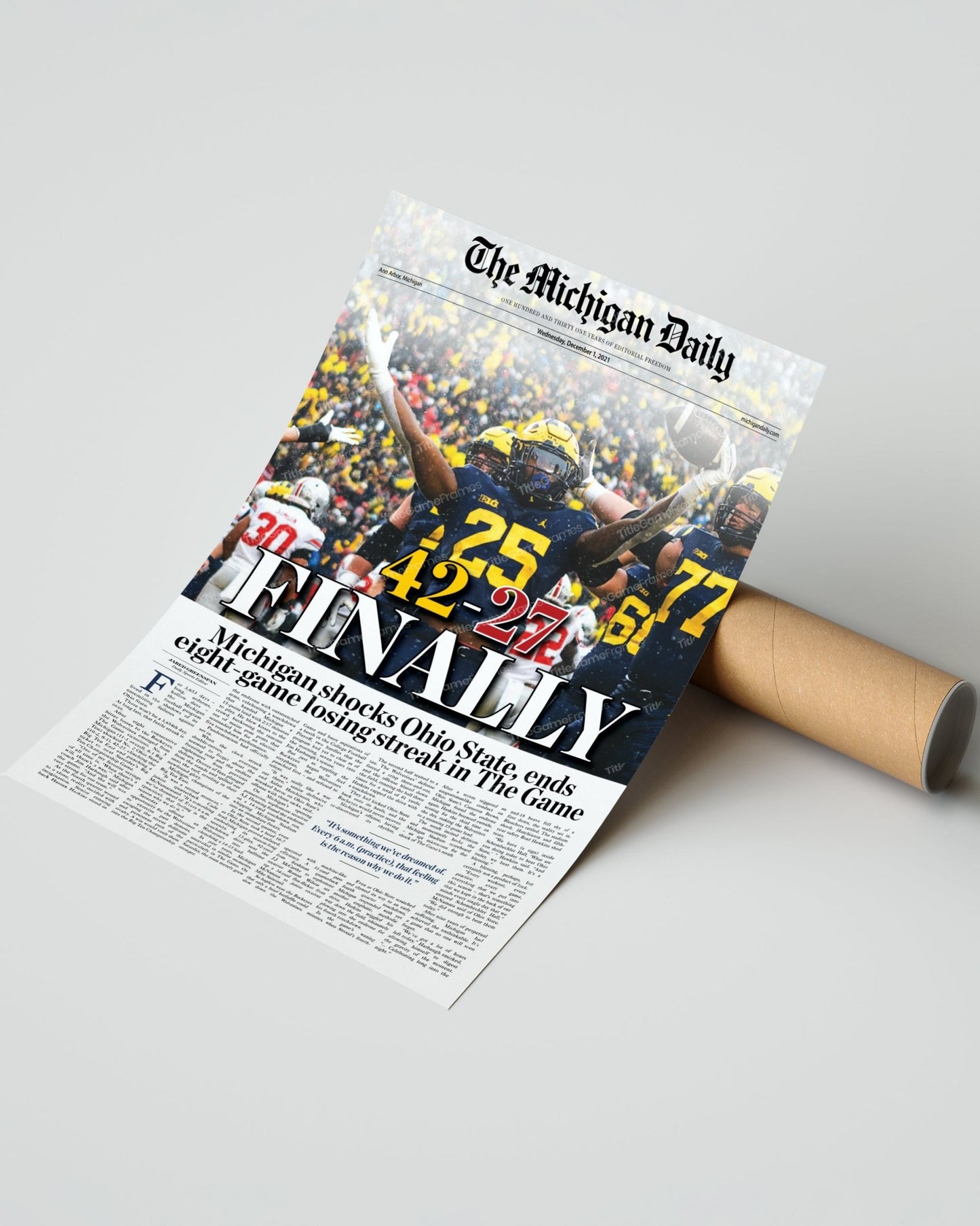 2021 Michigan Wolverines Defeat Ohio State: 42 - 27 'FINALLY' - Framed Print - TitleGameFrames.com