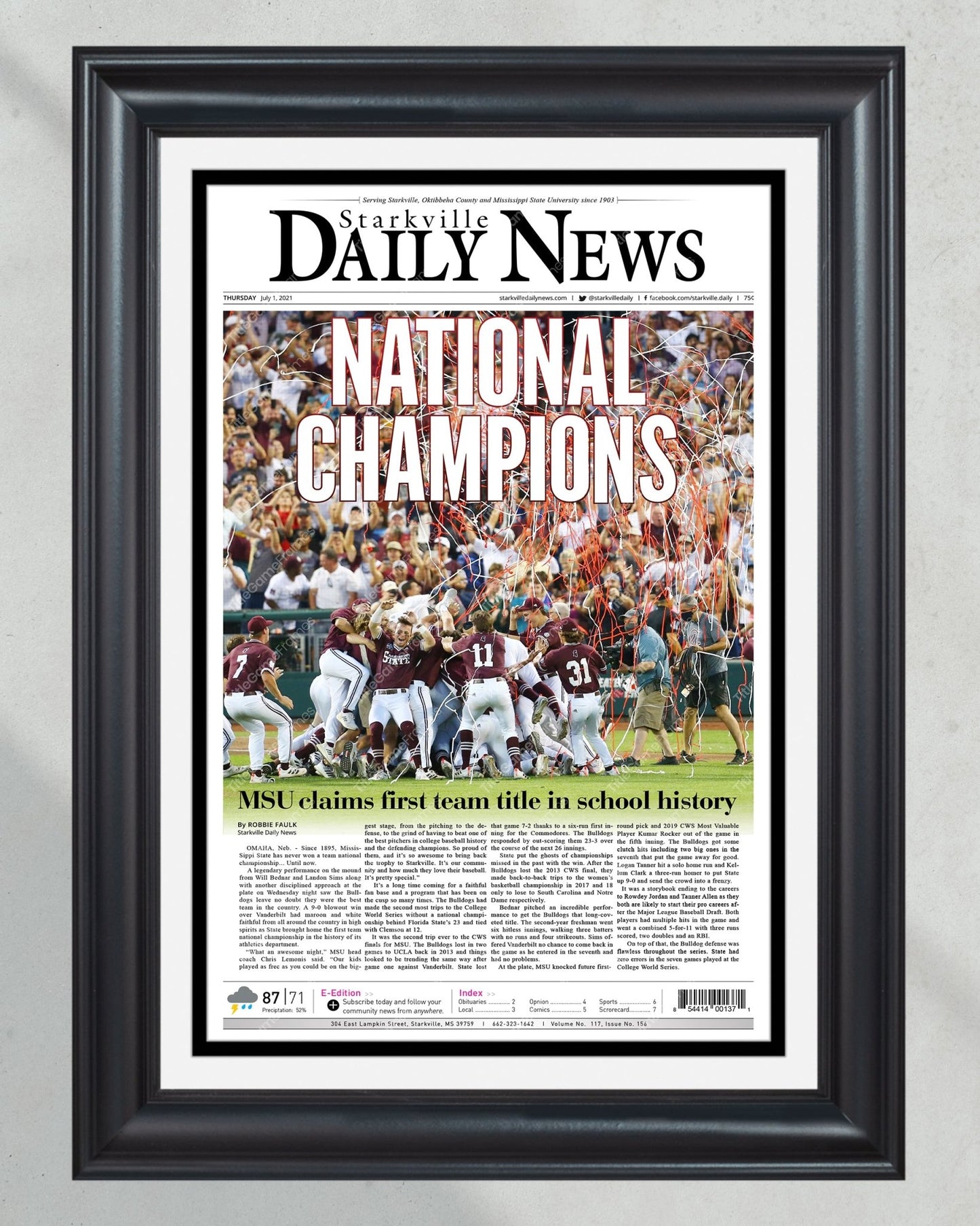 2021 Mississippi State College World Series Champions Framed Front Page Newspaper Print - TitleGameFrames.com