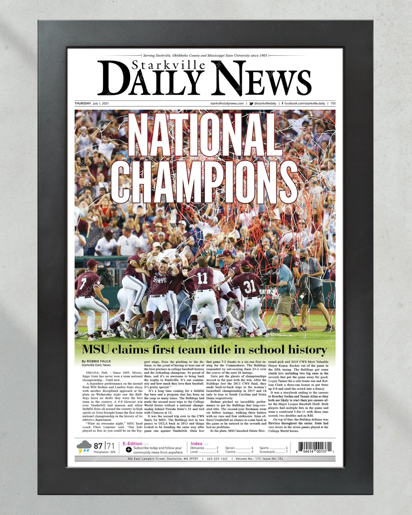 2021 Mississippi State College World Series Champions Framed Front Page Newspaper Print - TitleGameFrames.com