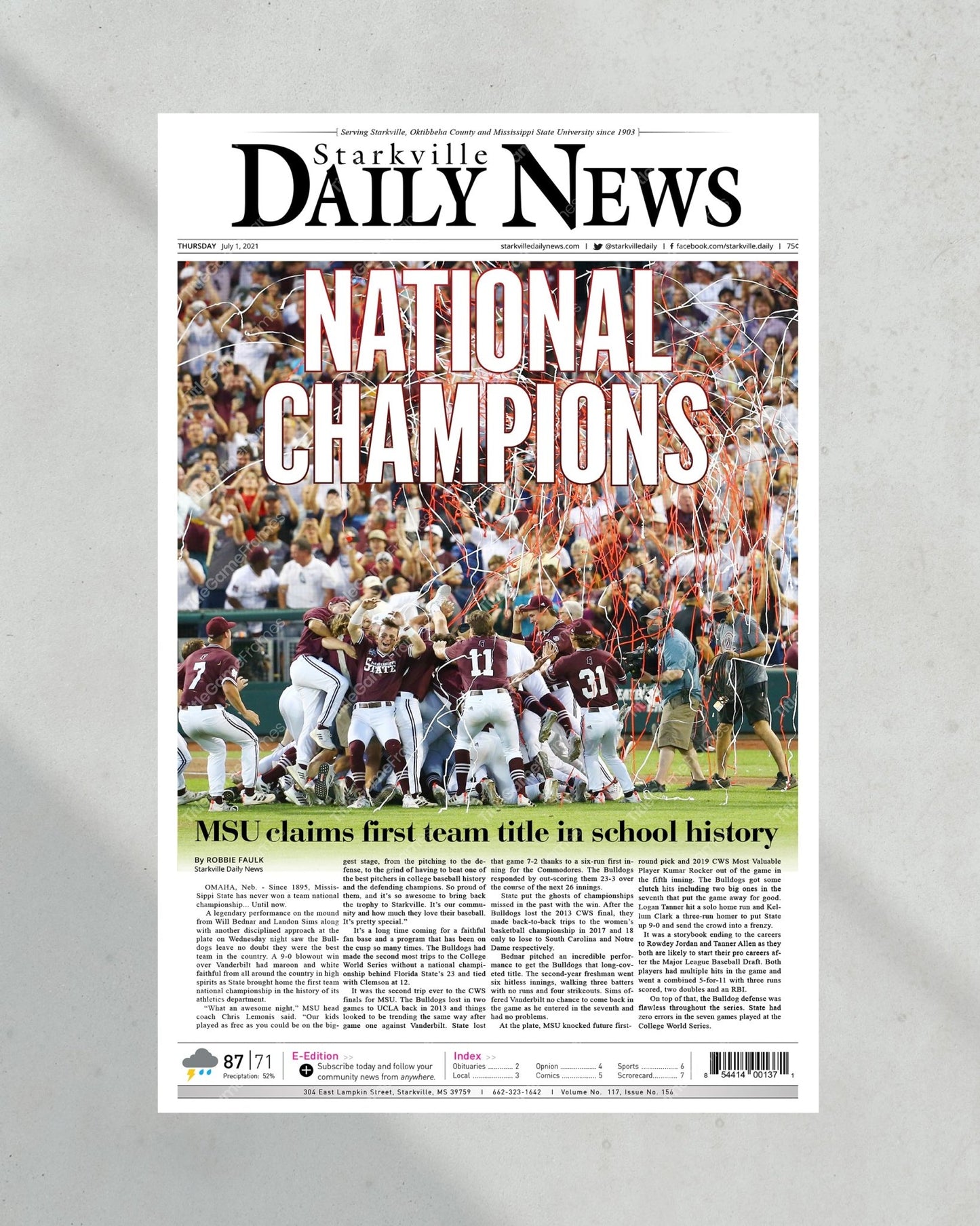 2021 Mississippi State College World Series Champions Framed Front Page Newspaper Print - TitleGameFrames.com