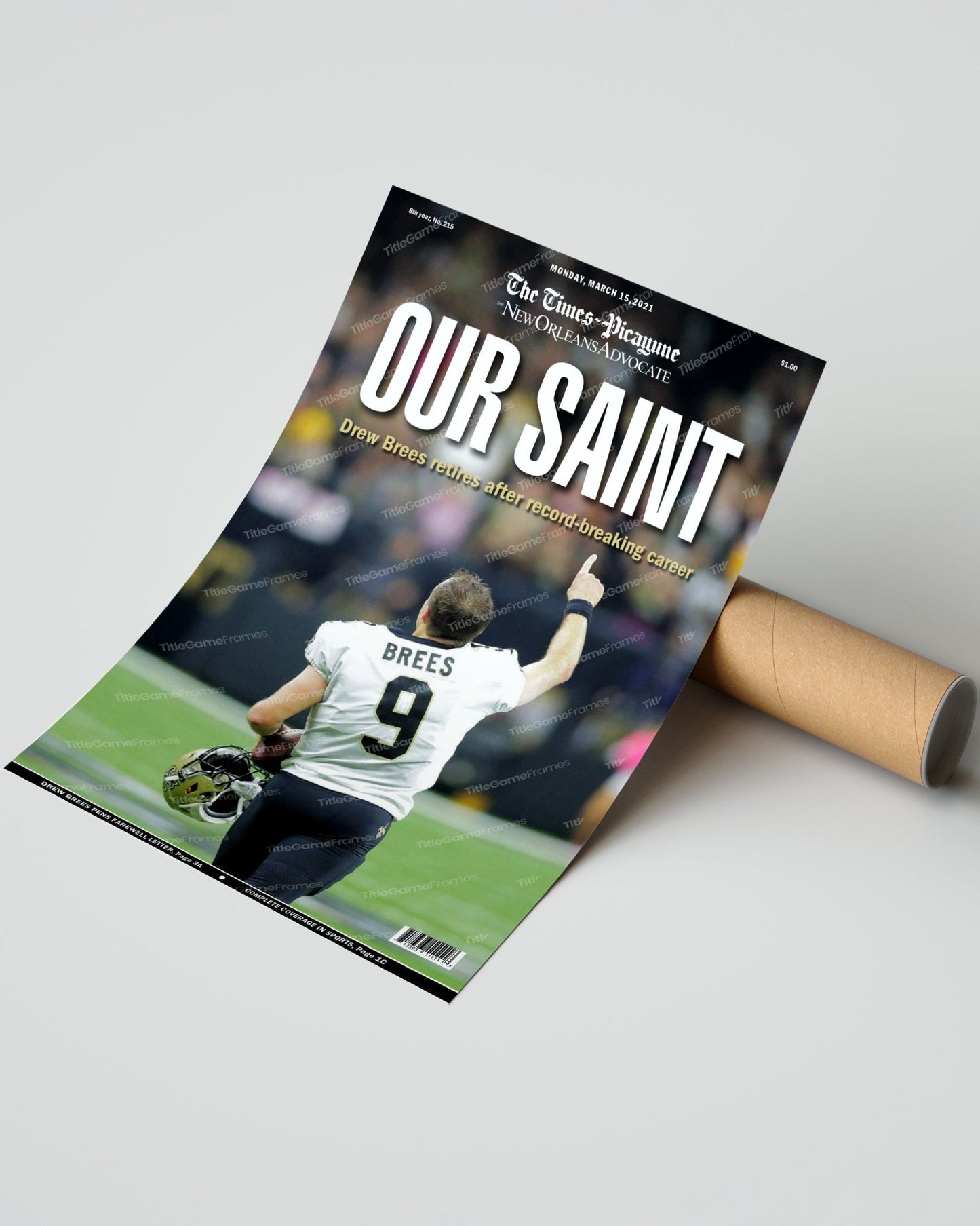 2021 New Orleans Saints Quarterback Drew Brees Retires Front Page Newspaper Print - Title Game Frames