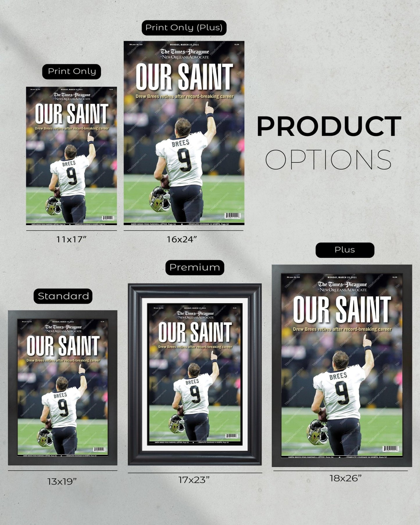 2021 New Orleans Saints Quarterback Drew Brees Retires Front Page Newspaper Print - Title Game Frames