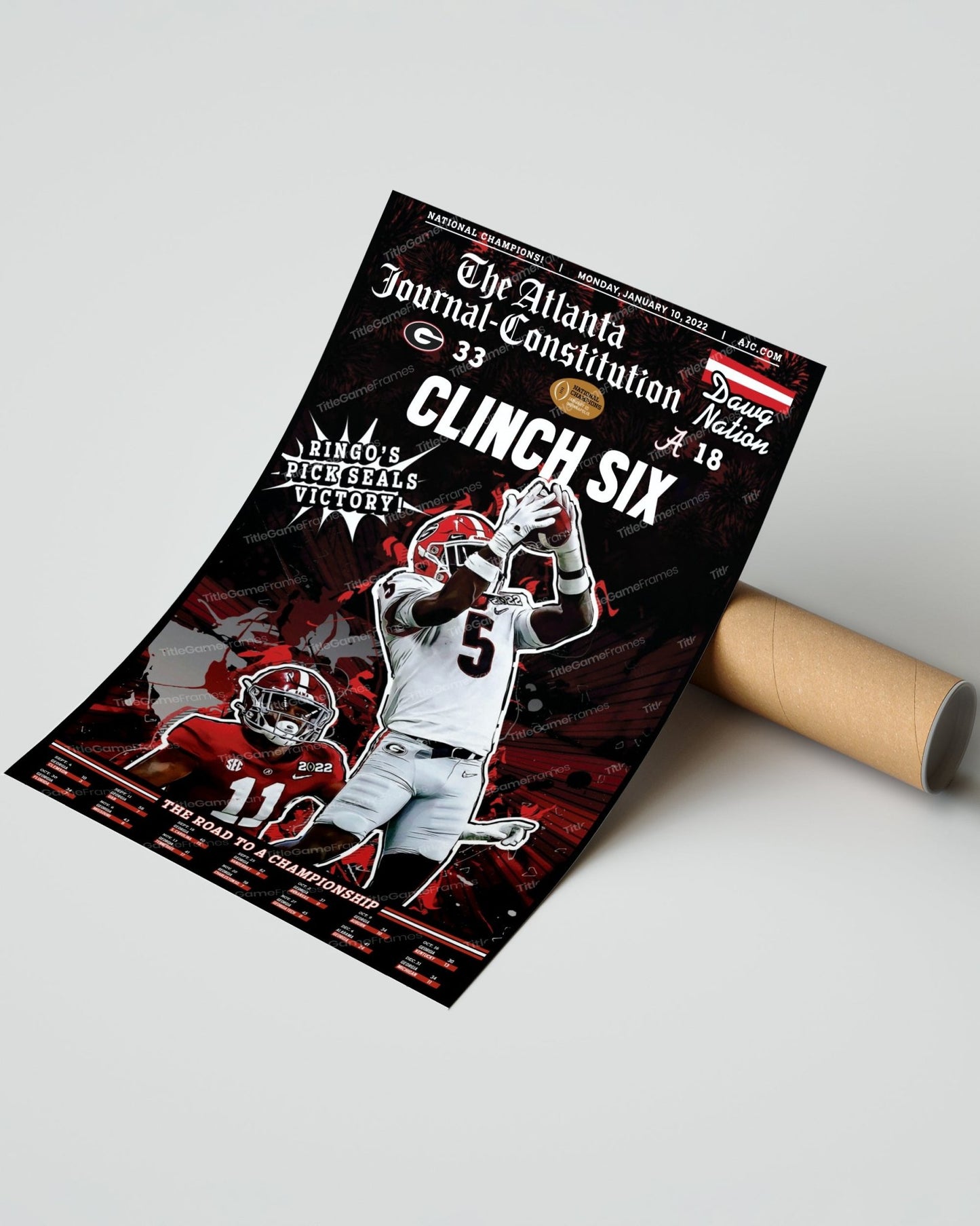 2022 Georgia Bulldogs 'Clinch Six' College Football National Champions Framed Front Page Newspaper Print - TitleGameFrames.com
