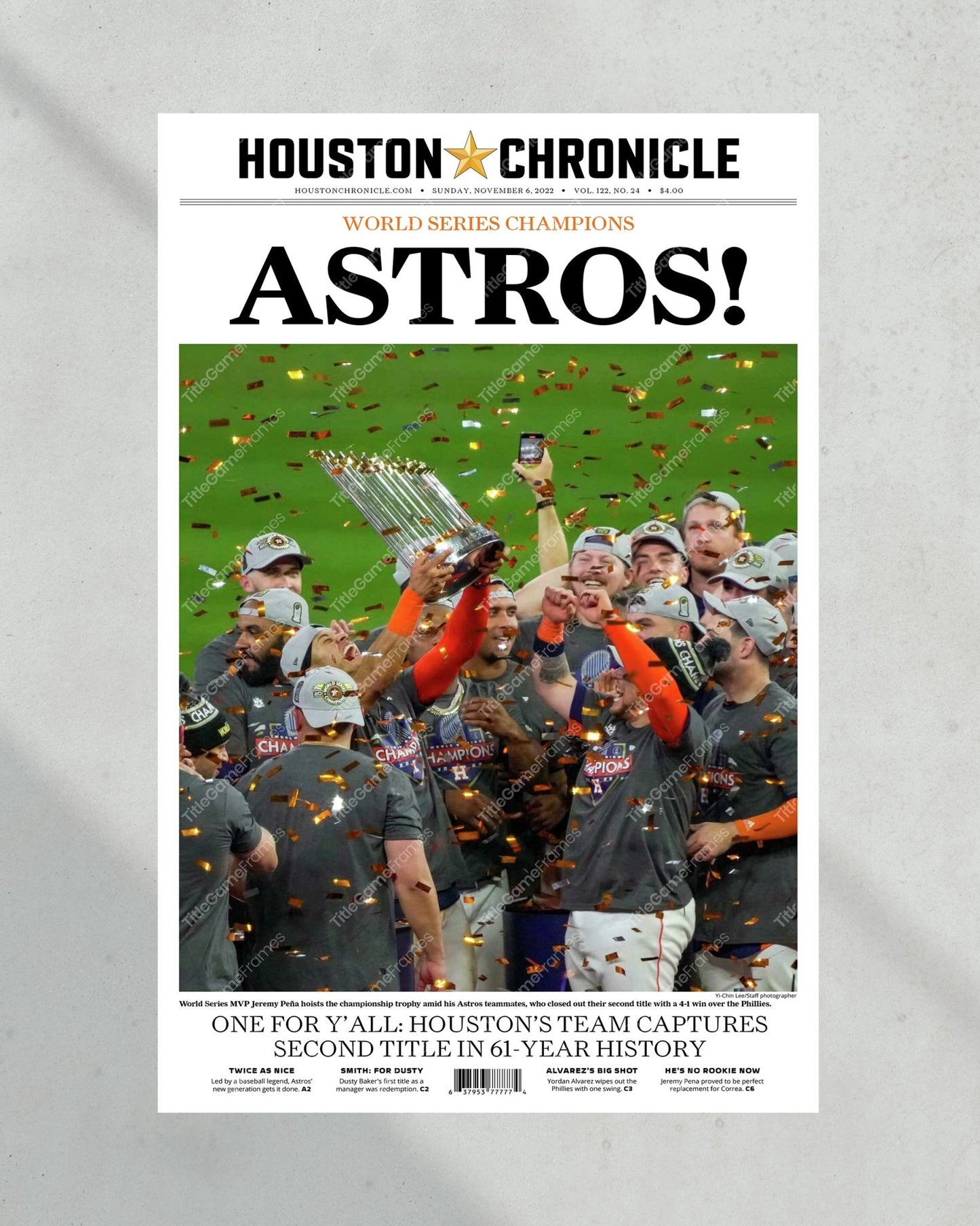 2022 Houston Astros “Astros!” World Series Framed Front Page Newspaper Print - TitleGameFrames.com
