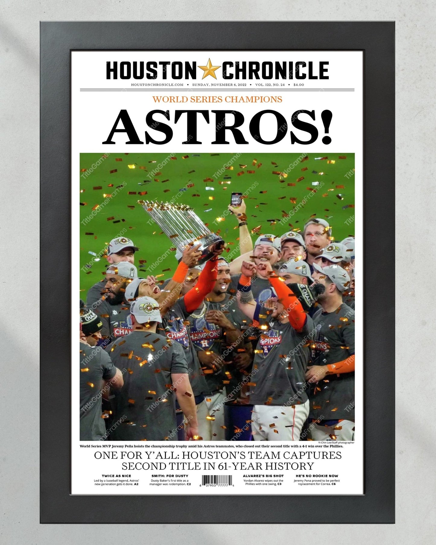 2022 Houston Astros “Astros!” World Series Framed Front Page Newspaper Print - TitleGameFrames.com