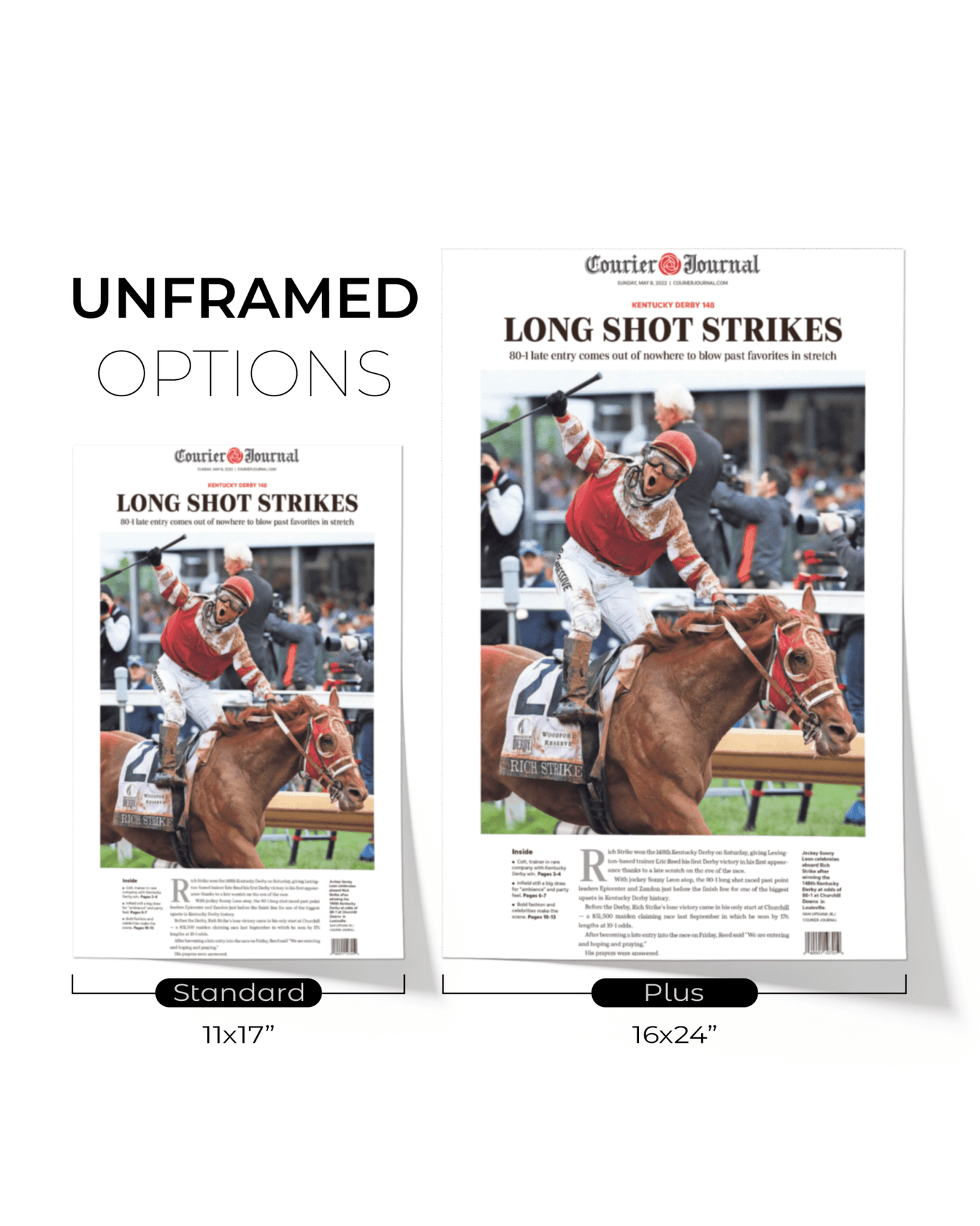 2022 Kentucky Derby “LONG SHOT STRIKES” 80 - 1 Odds Rich Strike Winning Horse Framed Newspaper - TitleGameFrames.com