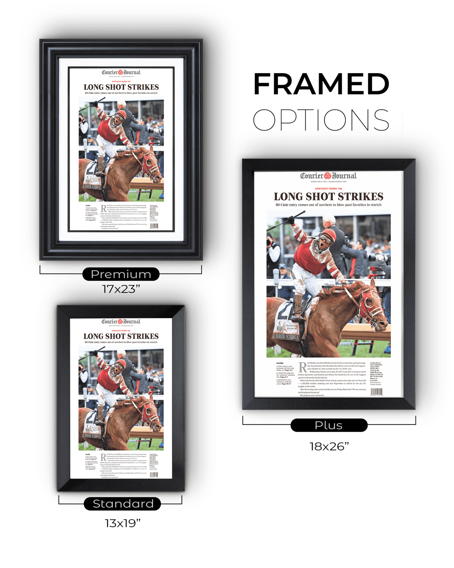 2022 Kentucky Derby “LONG SHOT STRIKES” 80 - 1 Odds Rich Strike Winning Horse Framed Newspaper - TitleGameFrames.com