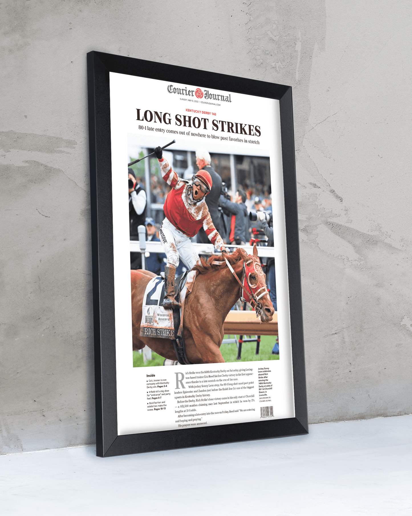 2022 Kentucky Derby “LONG SHOT STRIKES” 80 - 1 Odds Rich Strike Winning Horse Framed Newspaper - TitleGameFrames.com