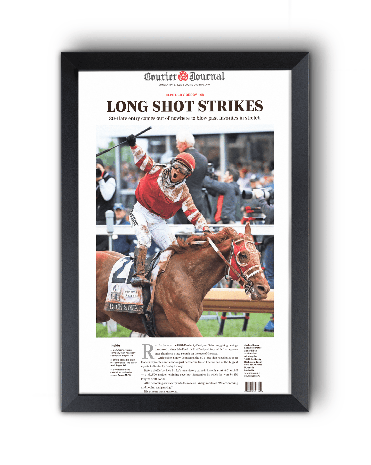2022 Kentucky Derby “LONG SHOT STRIKES” 80 - 1 Odds Rich Strike Winning Horse Framed Newspaper - TitleGameFrames.com